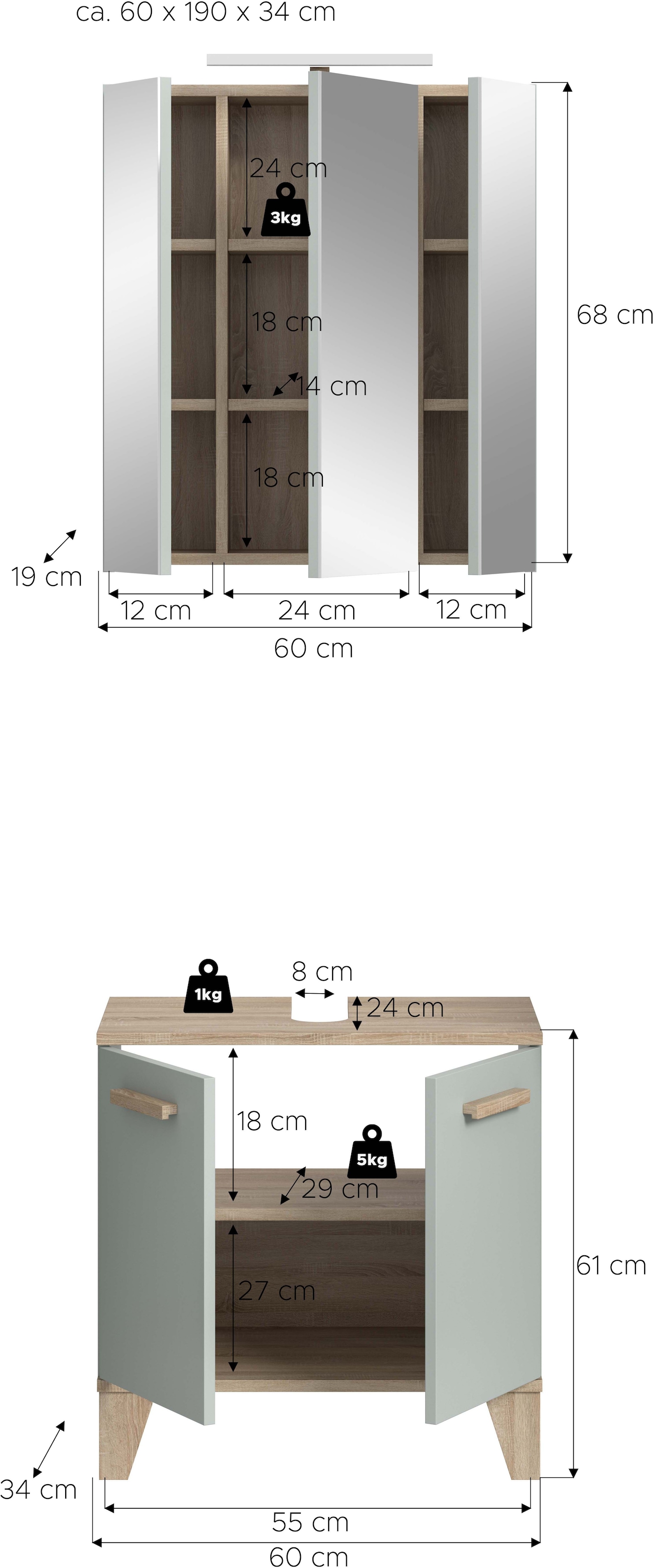 welltime Badmöbel-Set »MINTTU, 2-teilige moderne Badkombi im SCANDI-Look, inkl. Beleuchtung« bestehend aus: Waschbeckenunterschrank & Spiegelschrank, 2 Stk. tlg.