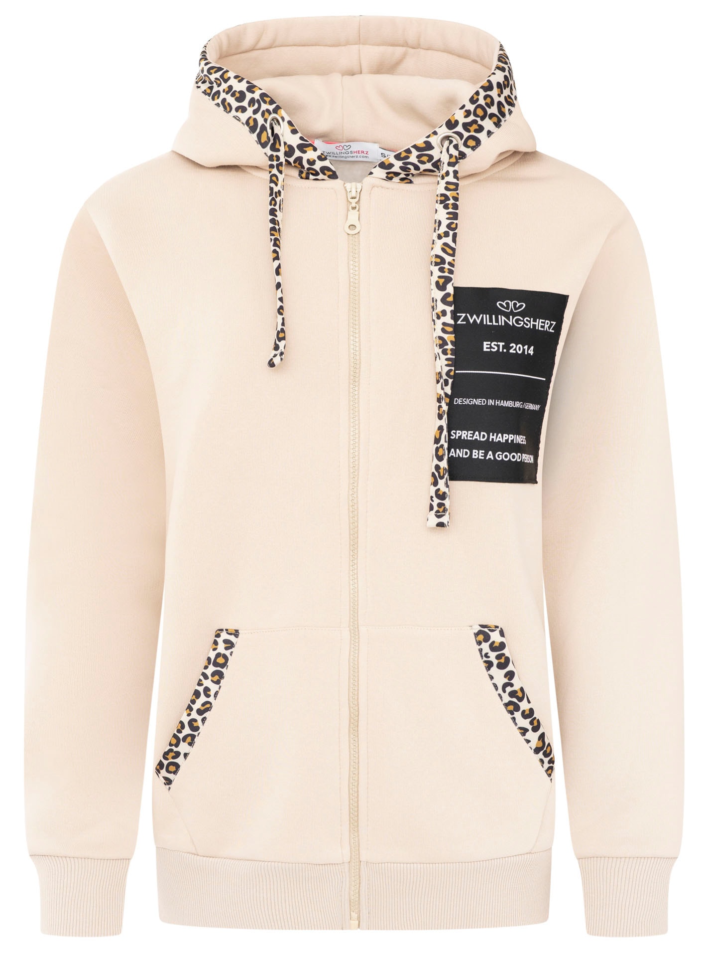 Zwillingsherz Kapuzensweatjacke »"Zwillingsherz Leo"« Leomuster Details, durchgehender Reißverschluss, Kapuze, Taschen