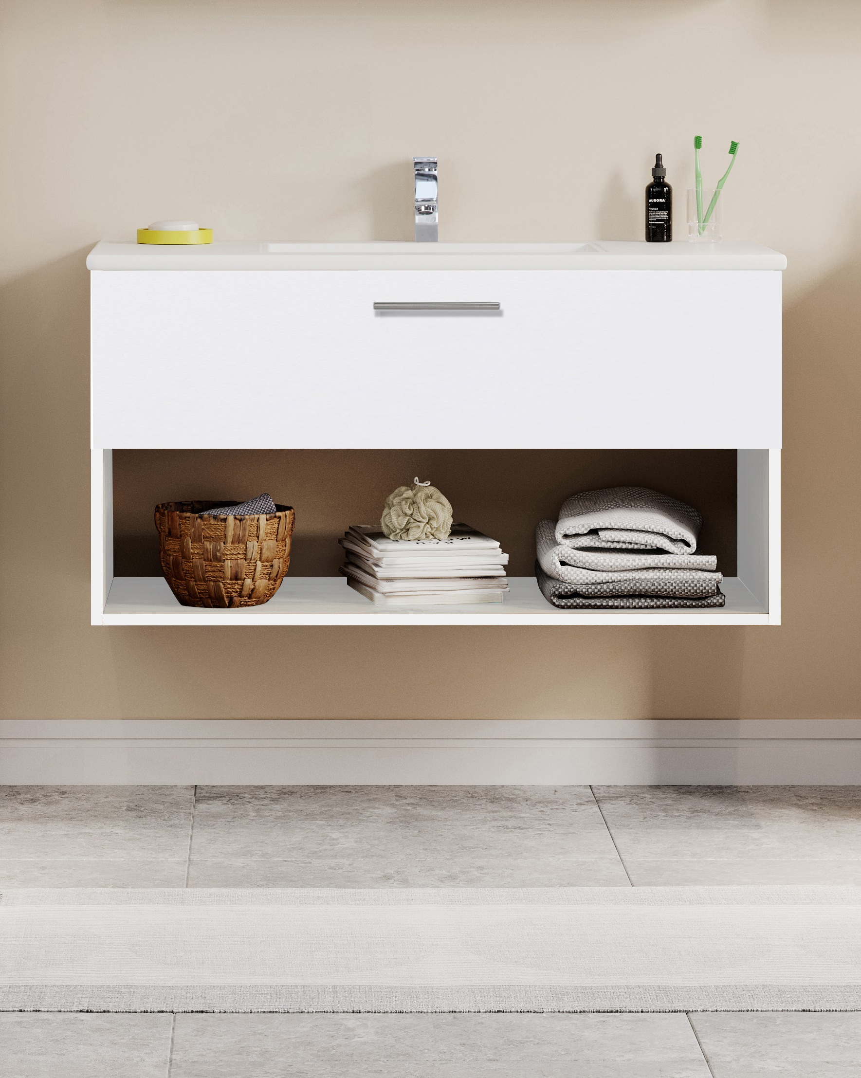 welltime Waschtisch »Trento Light mit Keramik-Auflagebecken«, 1 Auzug und 1 offenes Fach, Breite: 101cm, Weiß
