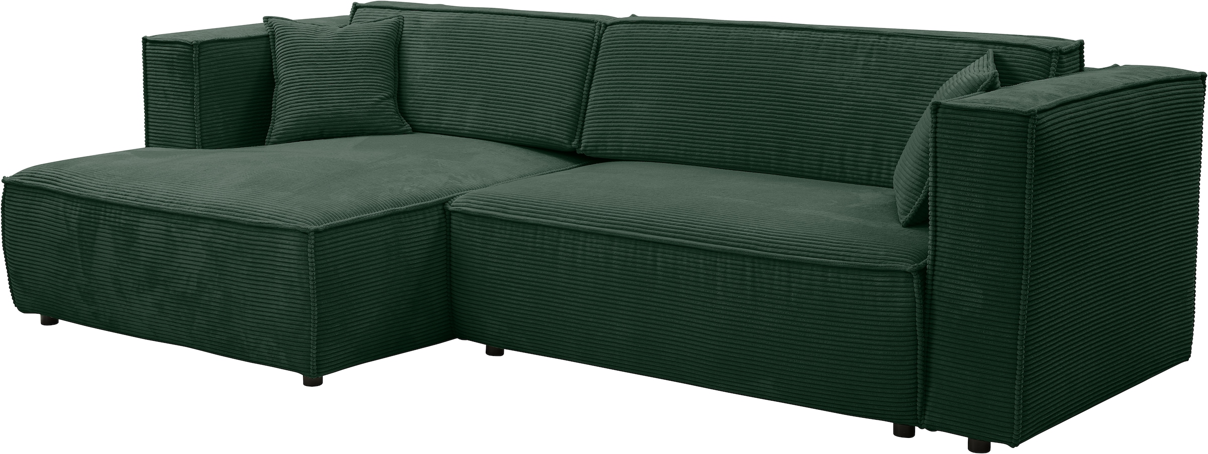 WERK2 Ecksofa »Atlanta-New, modernes Design, Stellmaße 280x147cm, L-Form, Kedernaht«, hoher Komfort, Schlaffunktion & Bettkasten, Cord, Moosgrün