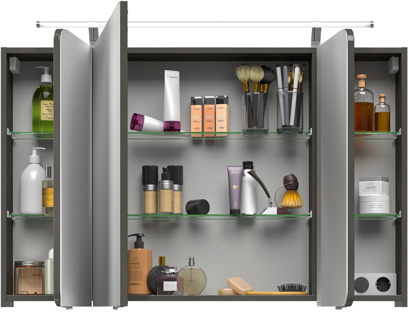 Saphir Spiegelschrank »Serie 4005 Badezimmer-Spiegelschrank inkl. LED-Aufsatzleuchte«, Badschrank 120 cm breit, 3 Türen, 6 Glas-Einlegeböden, inkl Türdämpfer