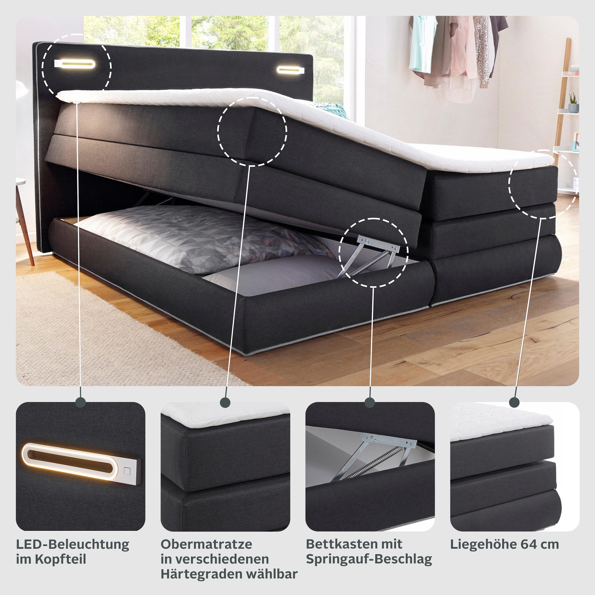 COLLECTION AB Boxspringbett »Ninoni«, inkl. Bettkasten, Topper und wahlweise mit LED-Beleuchtung