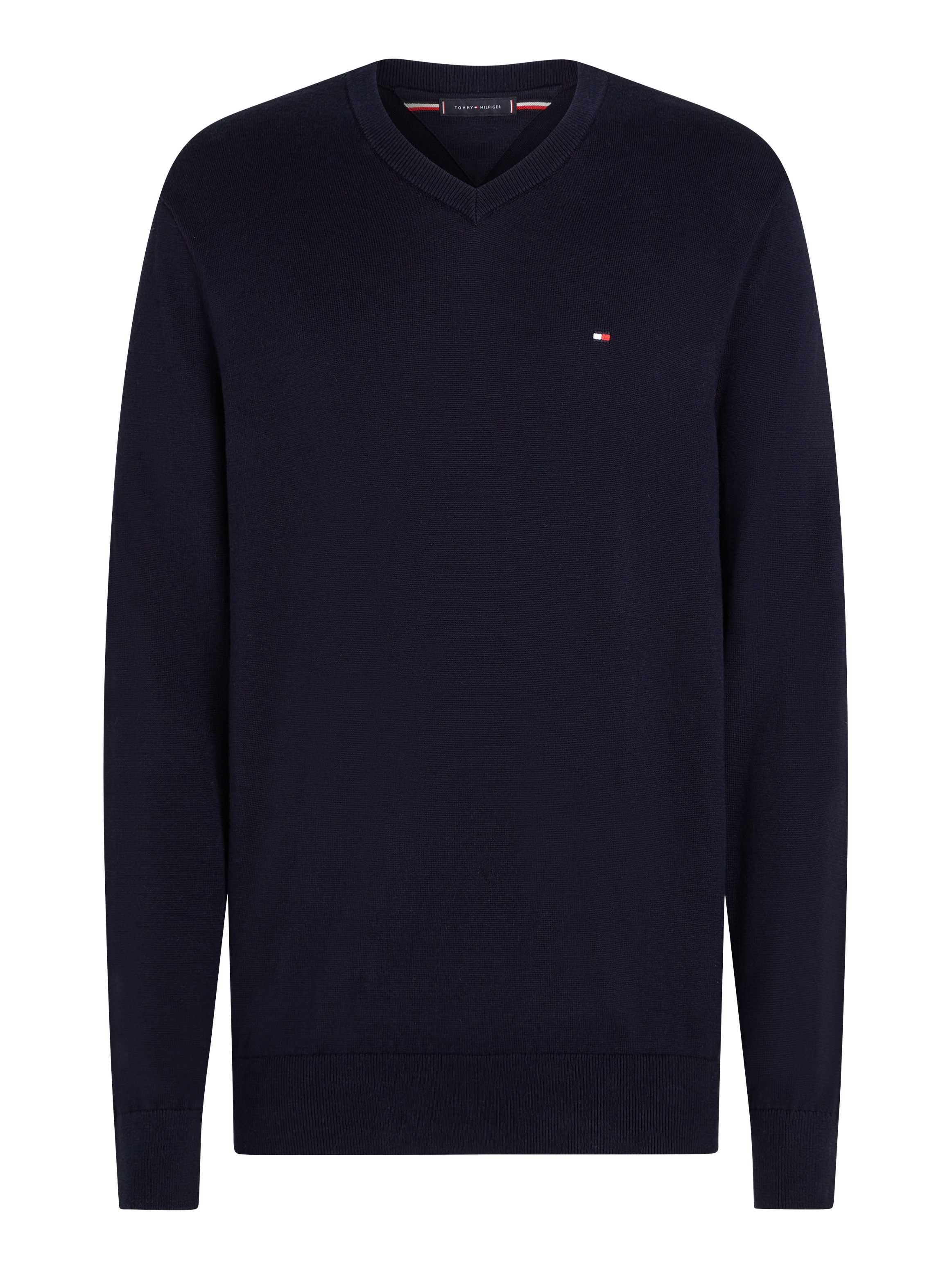 Tommy Hilfiger Strickpullover »ESSENTIAL COTTON V NECK mit V-Ausschnitt und Stickerei«, unifarben, casual, regular fit, Baumwolle, V-Ausschnitt