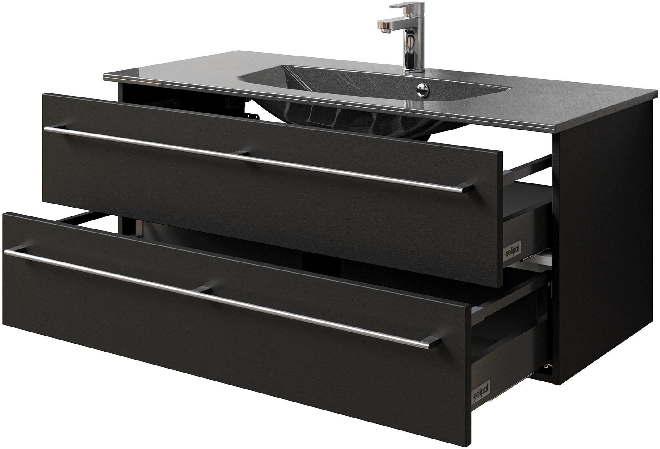 Saphir Badmöbel-Set »Serie 6025 2-teilig Mineralmarmor-Waschtisch mit LED-Spiegelschrank«, (2 St.), Waschplatz 117cm breit, 2 Schubladen, 3 Spiegel-Türen, inkl Türdämpfer