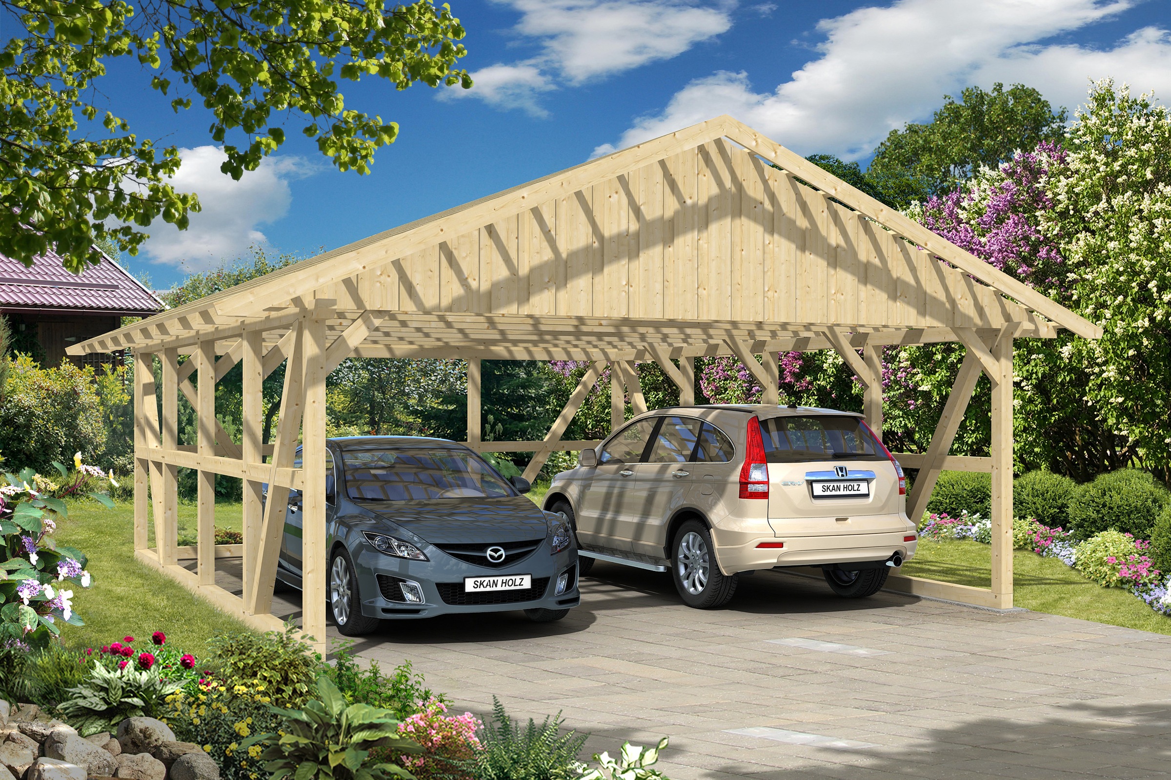 Skanholz Doppelcarport »Schwarzwald«, KVH-Fichte, 560 cm, Natur, mit Dachlattung