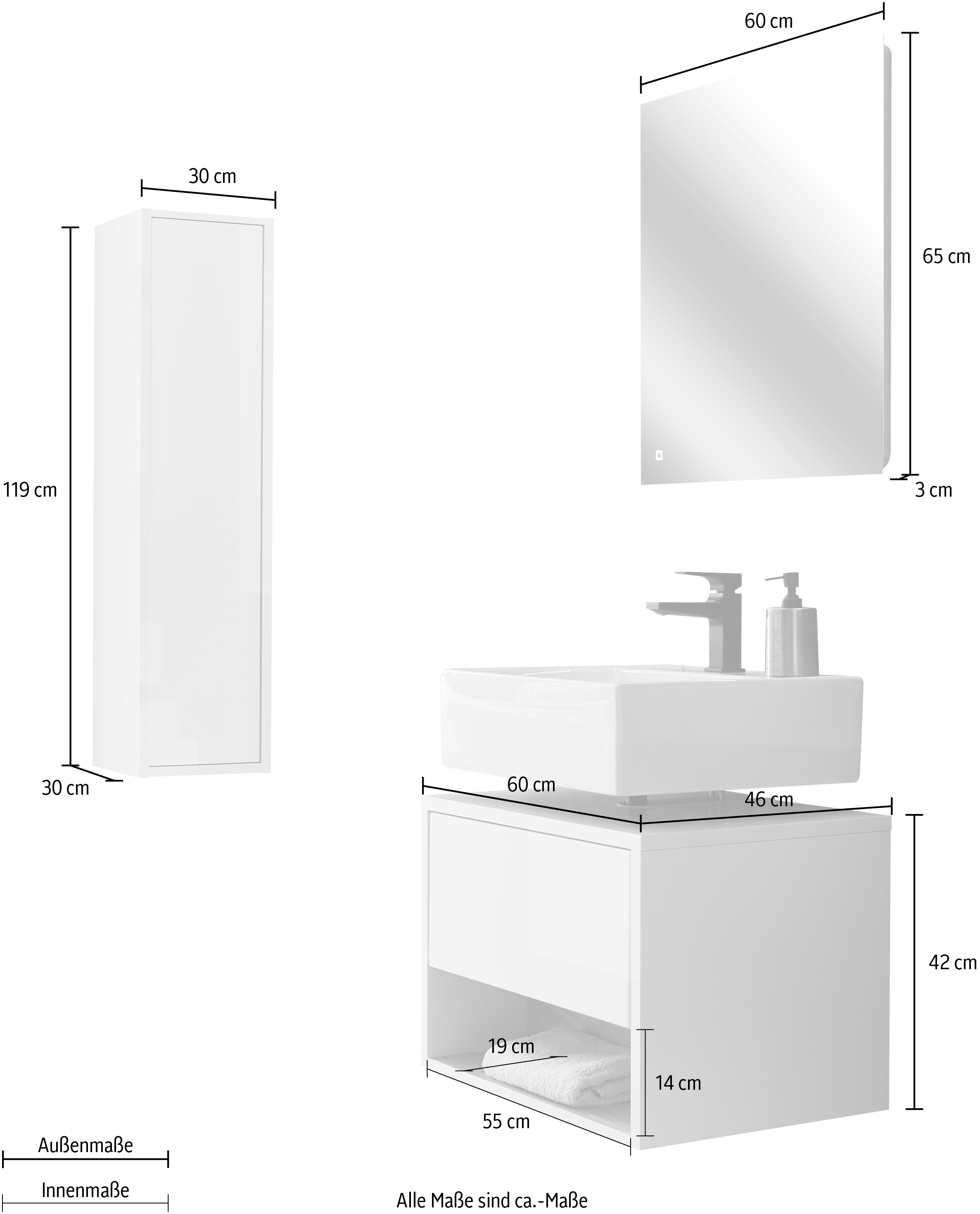 Places of Style Badmöbel-Set »Studio Line, Bad im modernen Design, 3-teiliges Badezimmer«, (3 St.), Schrank, Unterschrank und Spiegel, in zwei Farben verfügbar, Stauraum