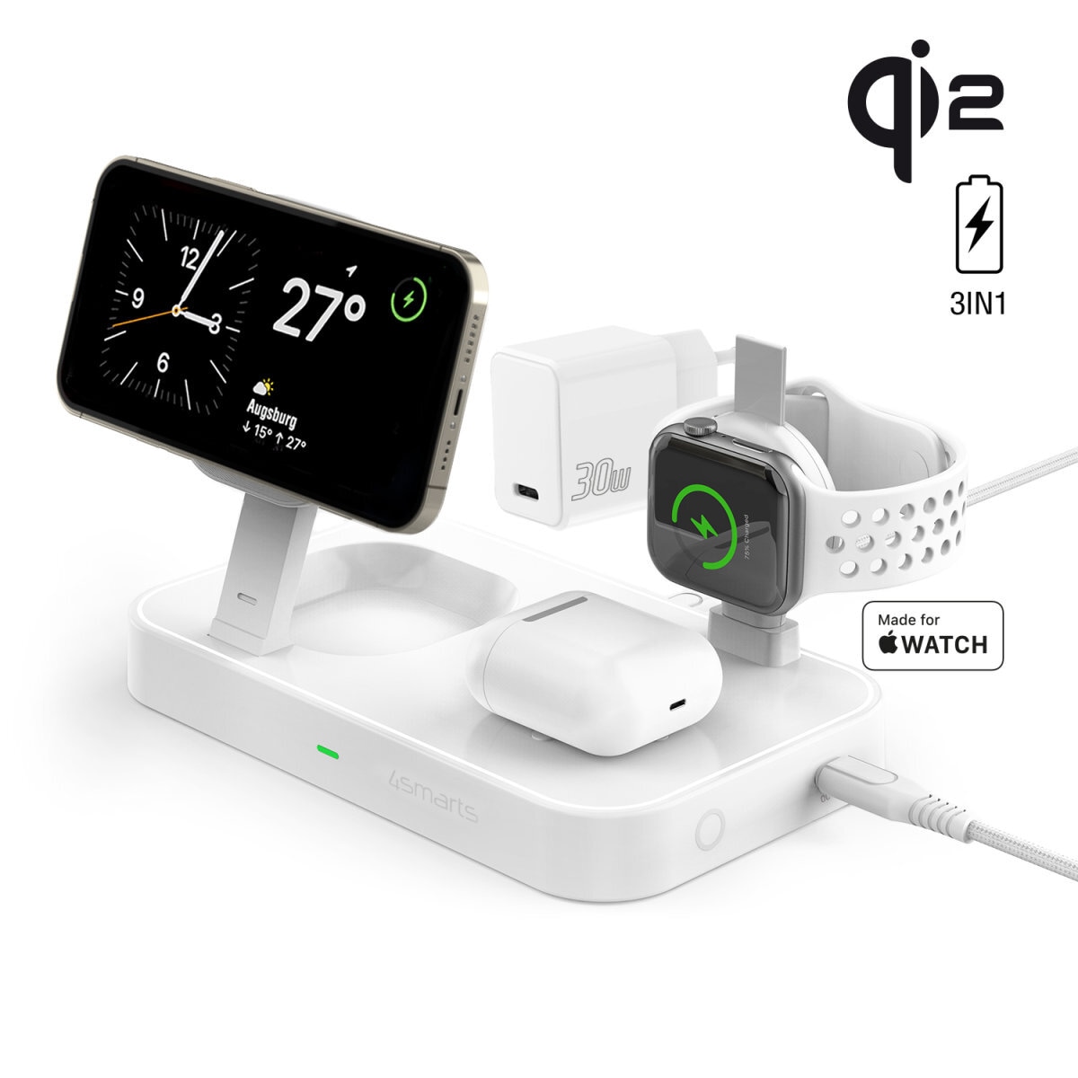 4smarts Wireless Charger »Qi2 Ladestation Trident mit MFi Fast Charger«, für Apple iPhone, Watch 1/2/3/4/5/6/7/8/9/SE, Ultra, Ultra 2 und iPods
