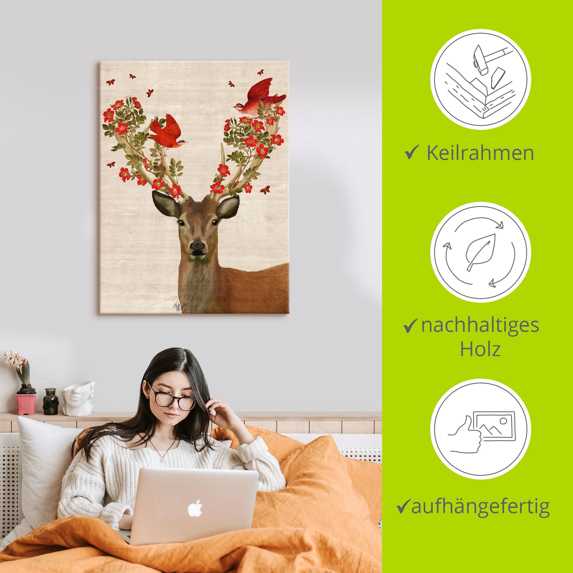 Artland Wandbild »Hirsch und Vögel Liebe«, Wildtiere, (1 St.), als Leinwandbild, Poster, Wandaufkleber in verschied. Größen