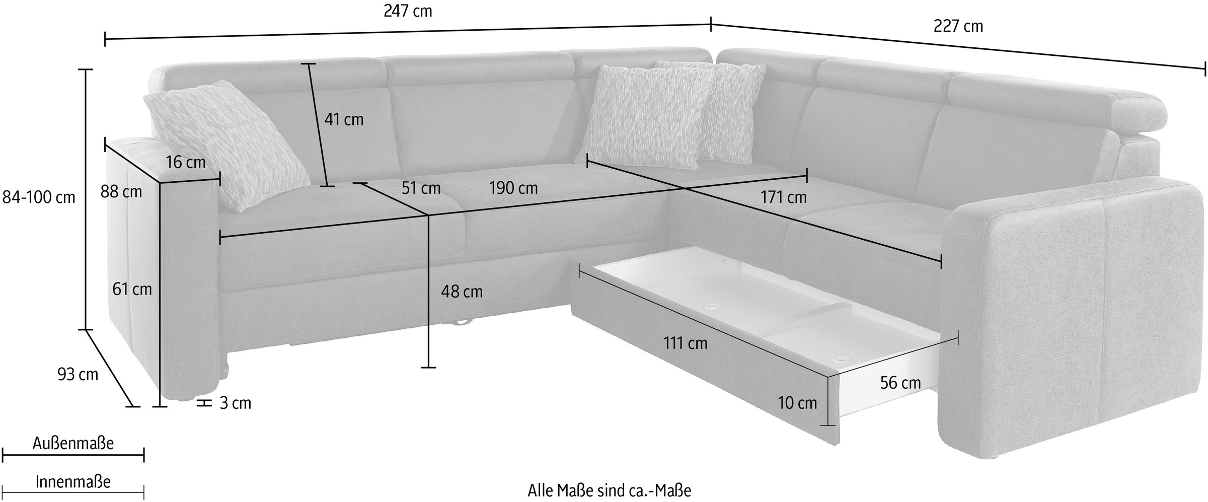 sit&more Ecksofa »Bologna L-Form«, Kopfteilverstellung, wahlweise mit Bettfunktion und Schubkasten