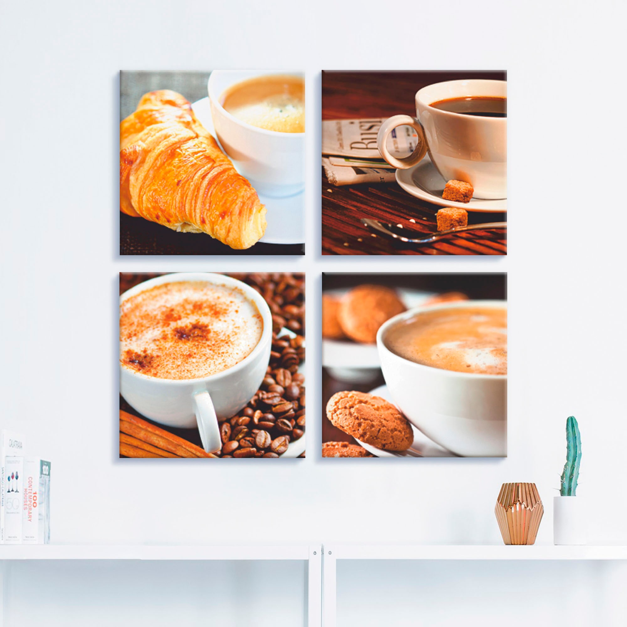 Artland Leinwandbild »Kaffeetassen und Zeitung, Milchkaffee«, Getränke, (4 St.), 4er Set, verschiedene Größen