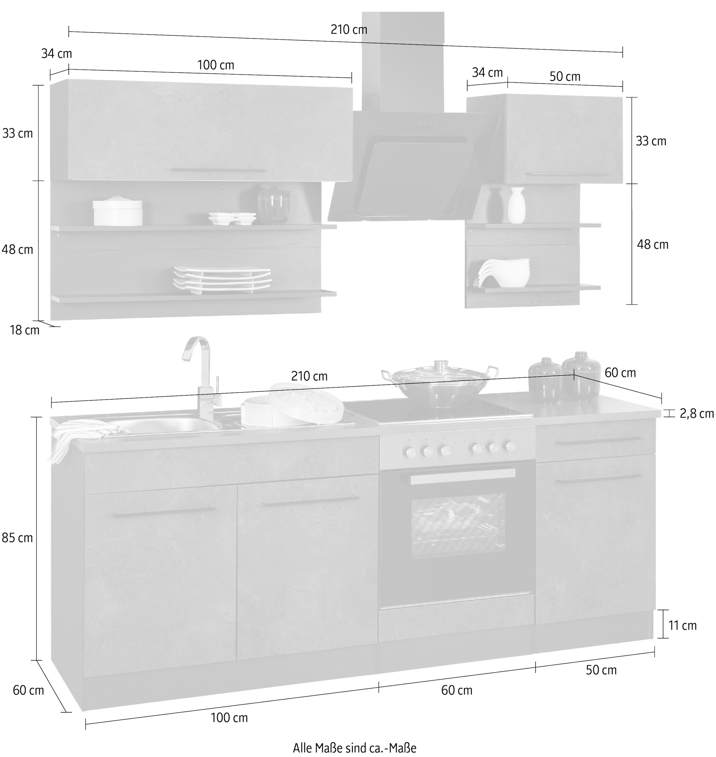 HELD MÖBEL Küchenzeile »Tulsa«, Breite 210 cm, schwarze Metallgriffe,  hochwertige MDF Fronten online bestellen