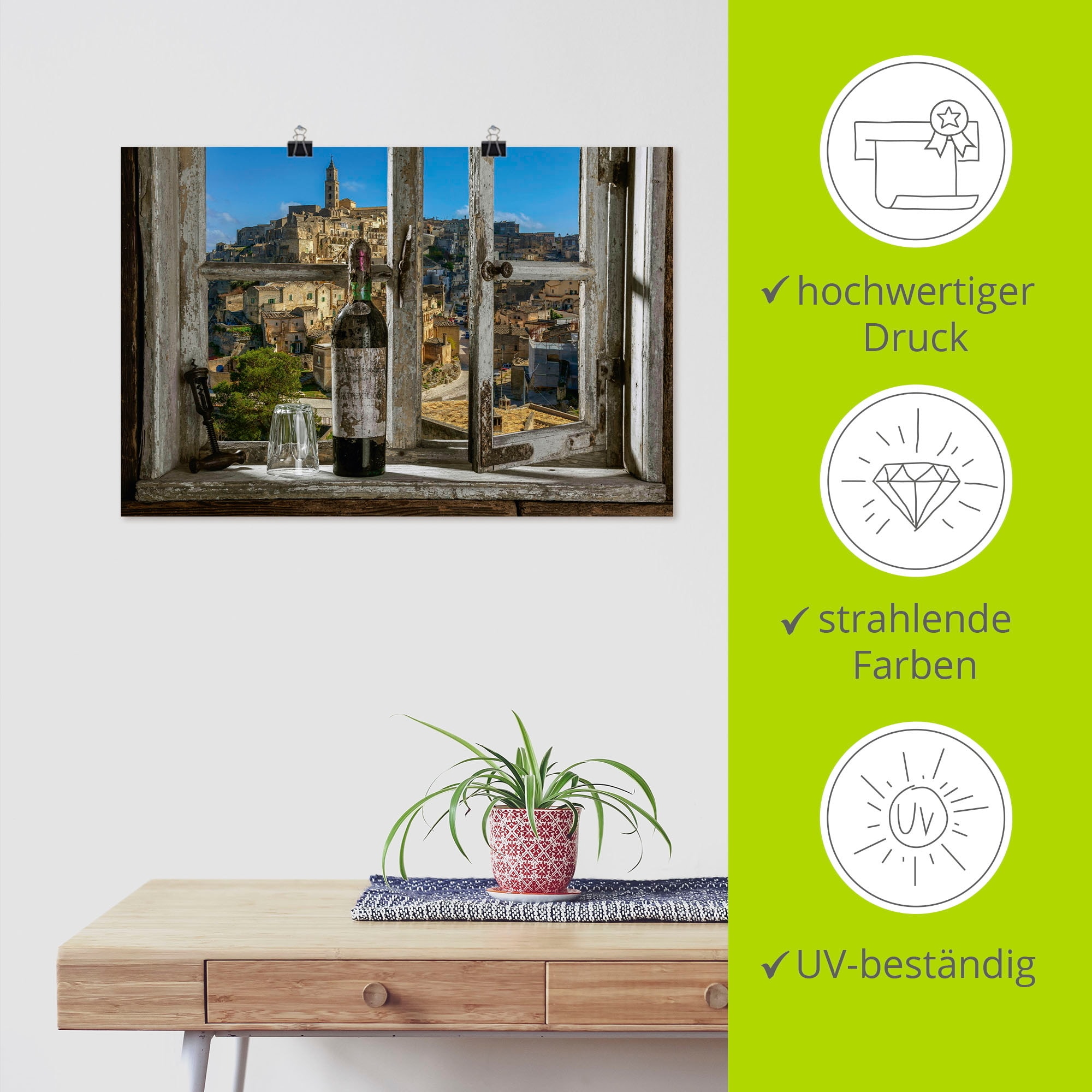 Artland Wandbild »Blick aus dem Fenster Matera, Italien«, Fenster & Türen, (1 St.), als Alubild, Outdoorbild, Leinwandbild, Poster, Wandaufkleber