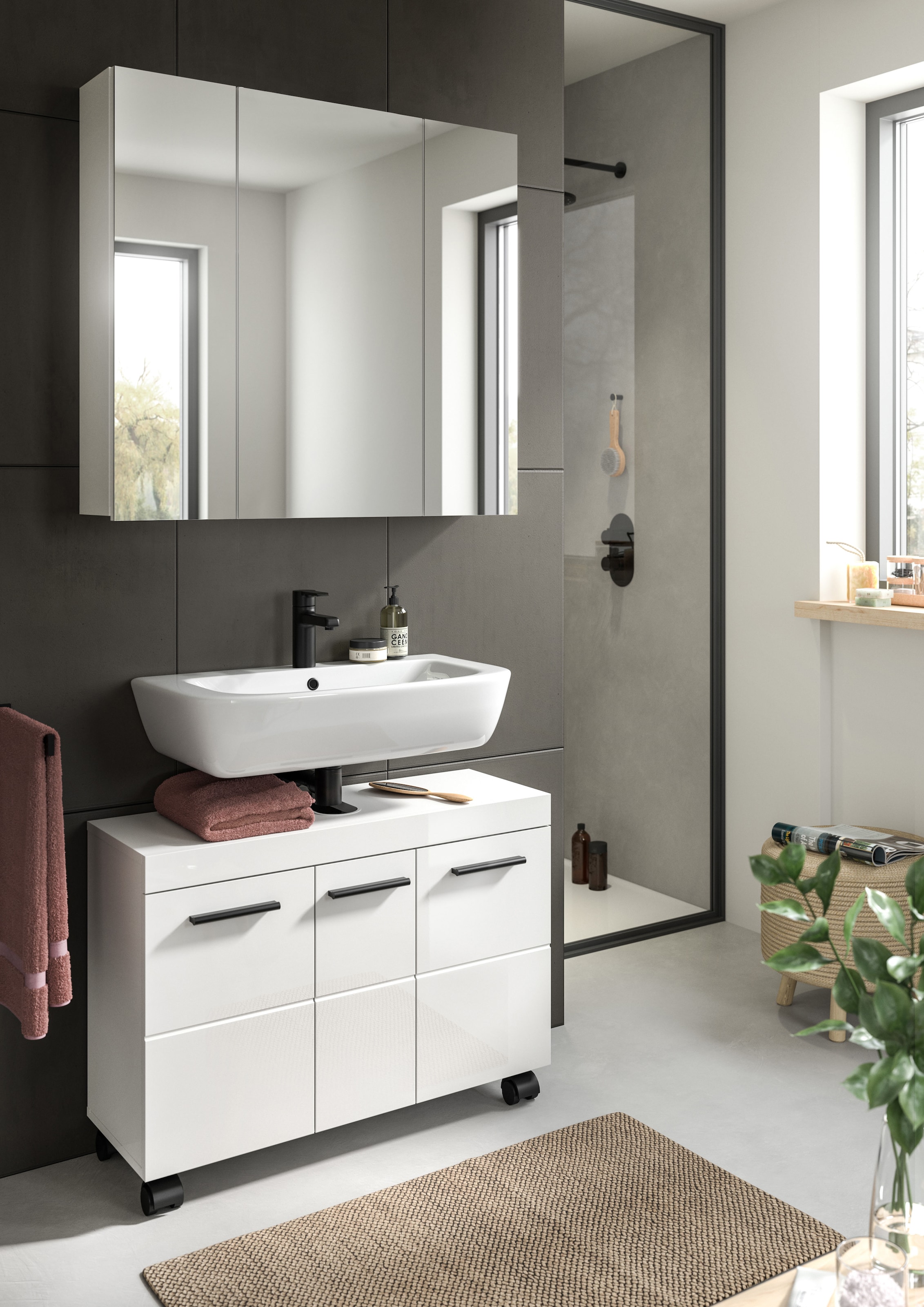 welltime Badmöbel-Set »AVON, Breite 82 cm, 2-teilige moderne Badkombination, auf Rollen« bestehend aus: Waschbeckenunterschrank & Spiegelschrank, 2 Stk. tlg.