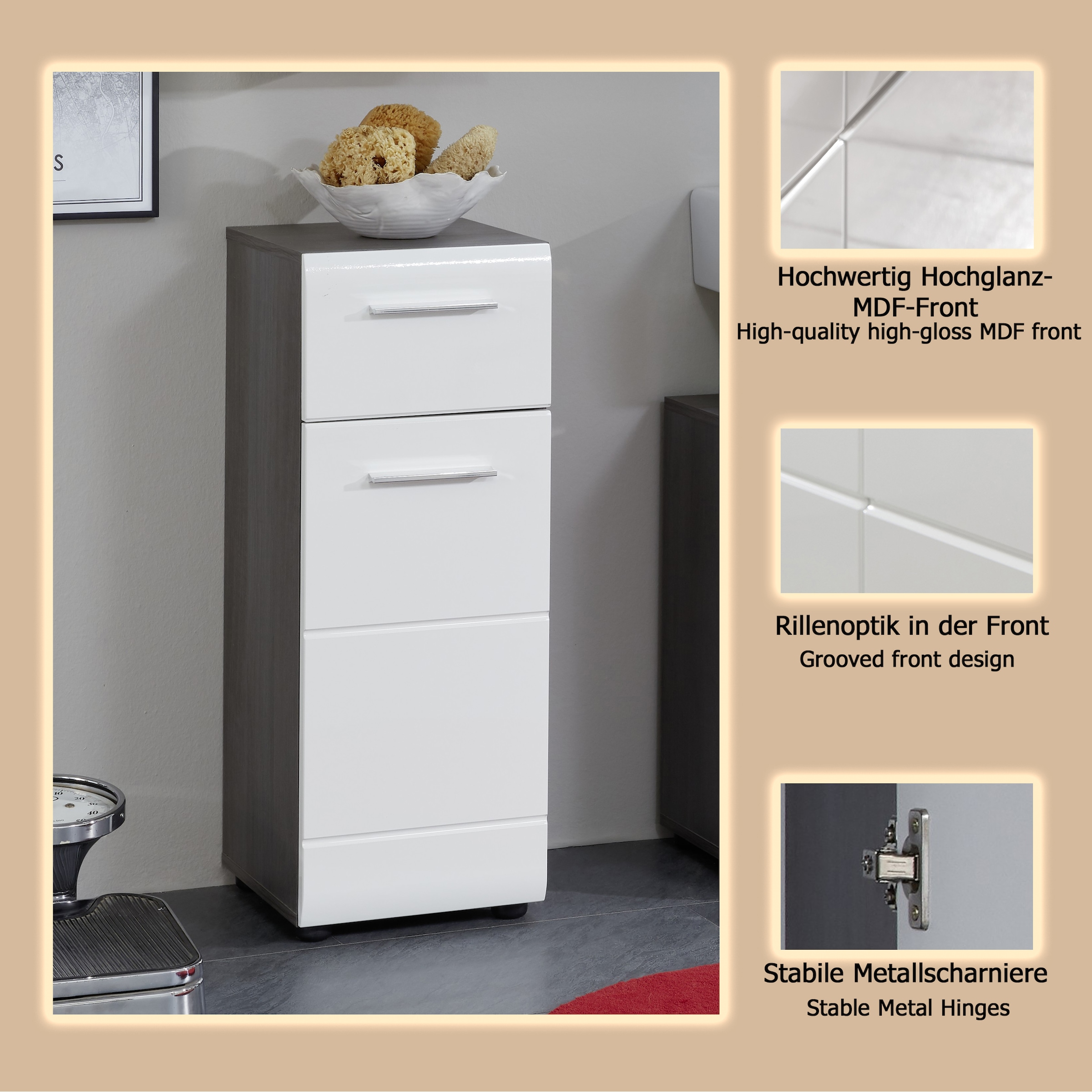 welltime Unterschrank »Sovana« Badkommode mit Hochglanzfront und 1 Schublade - (B/T/H) 30/31/80 cm