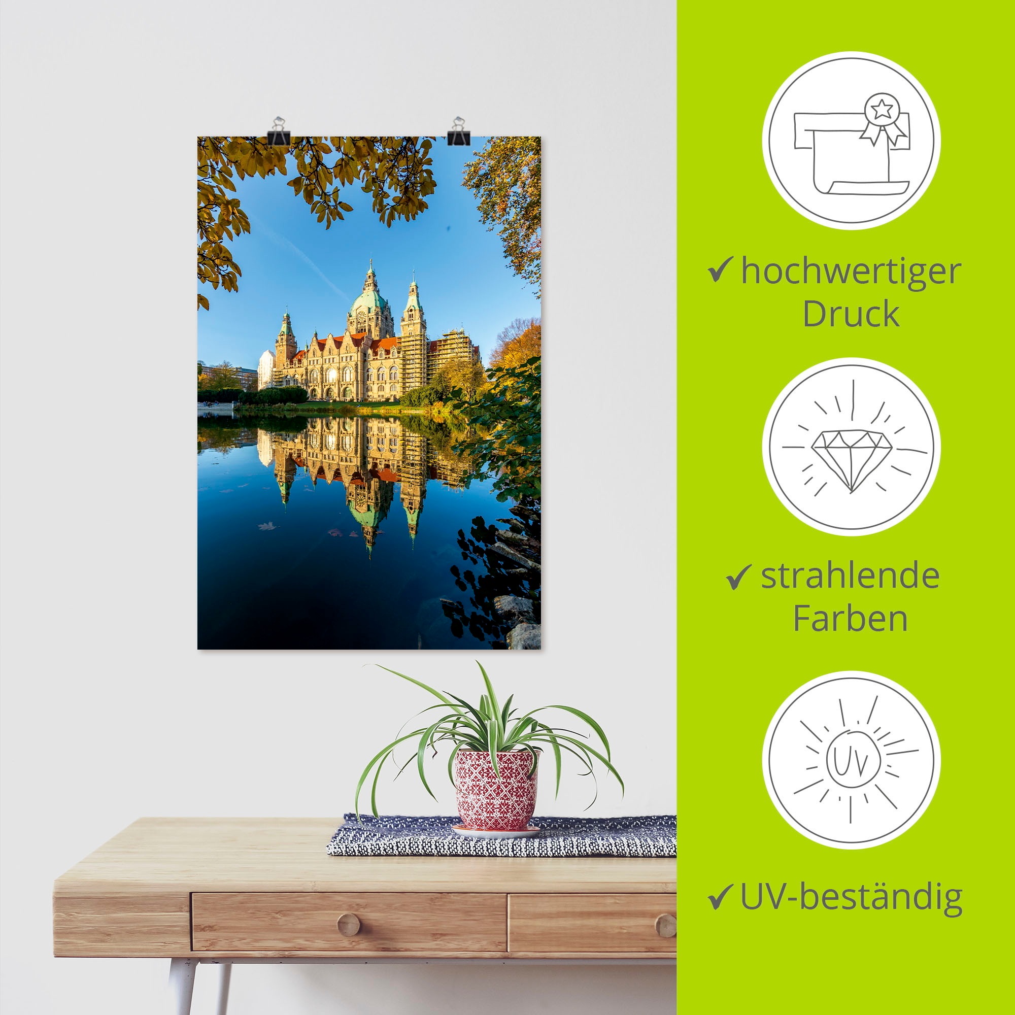 Artland Poster »Spiegelung des Rathauses in Hannover«, Hannover, (1 St.), als Alubild, Leinwandbild, Wandaufkleber oder Poster in versch. Größen