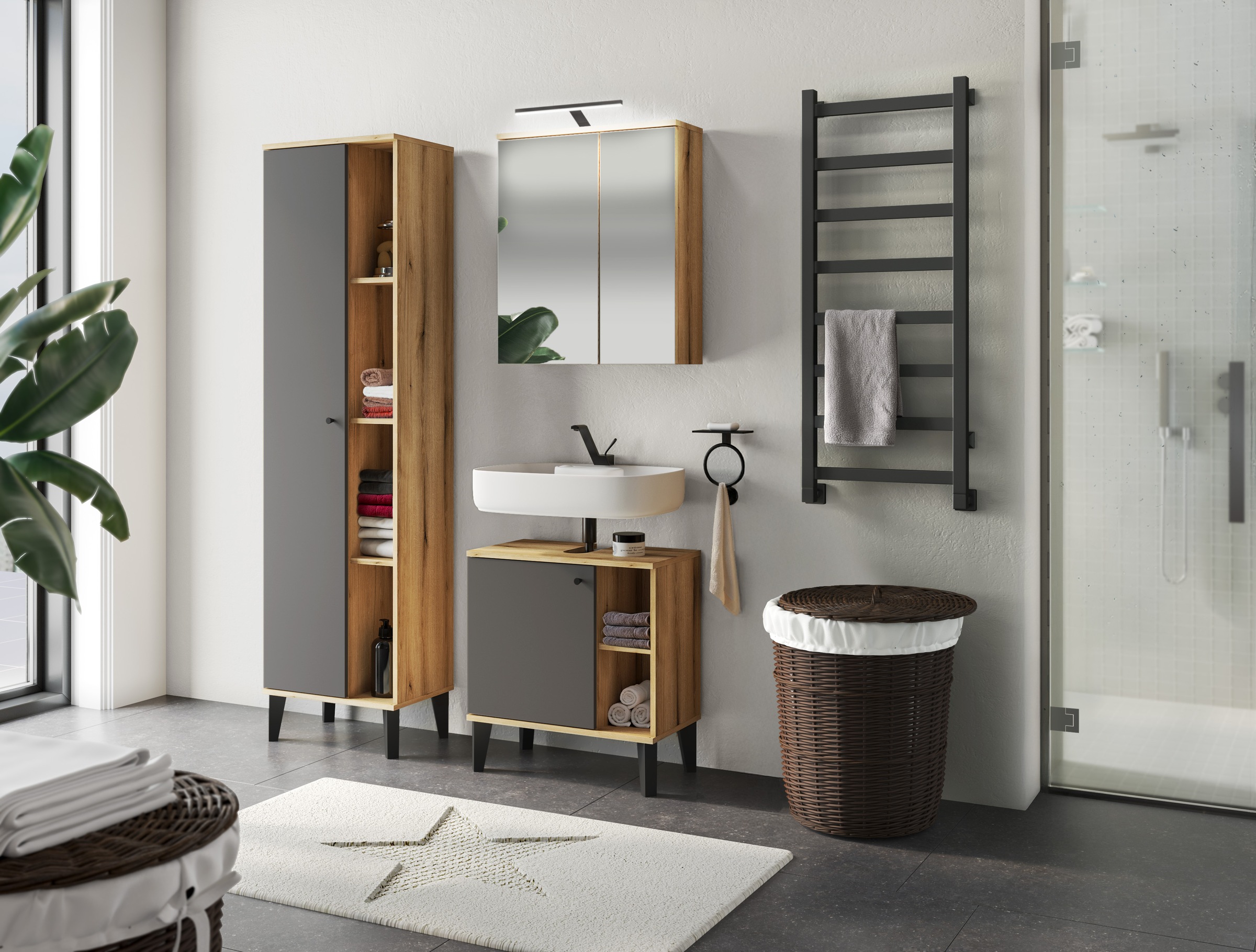 INOSIGN Badmöbel-Set »OSLO, Bad im skandinavischen Design, 5-teiliges Badezimmer«, (Set, 3 St.), Badschränke und Spiegel, in zwei Farben verfügbar, viel Stauraum