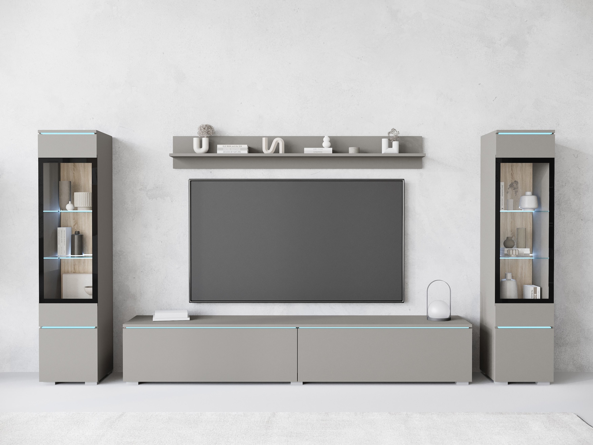 INOSIGN Wohnwand »VERA II, Vitrinen Türanschlag wechselbar«, (Komplett-Set, 4 St.), Mediawand 260 cm, Vitrine mit Verglasung, stehend und hängend