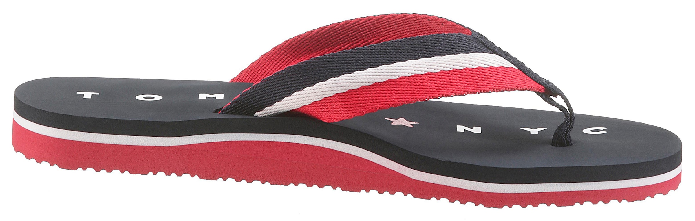 Tommy Hilfiger Zehentrenner »TOMMY LOVES NY BEACH SANDAL«, Sommerschuh, Schlappen, Poolsildes mit Logo ausf der Laufsohle