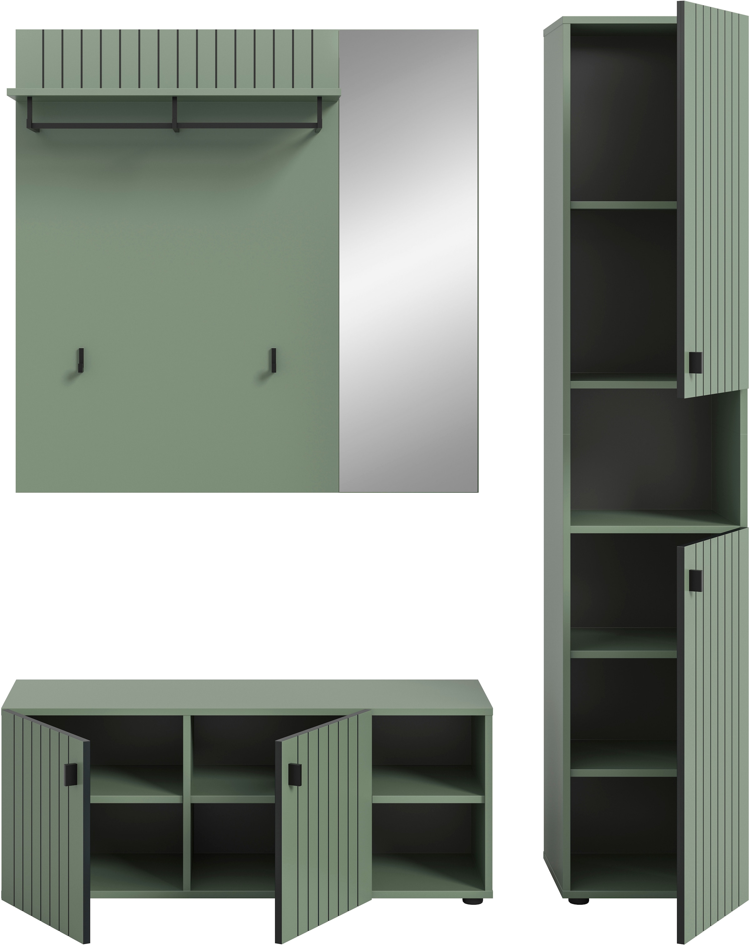 INOSIGN Garderoben-Set »TATIO, 3-tlg. Garderobenkombination, Breite: 161 cm, Rillenfräsung« Set, Set, best. aus: 1 Garderobenschrank, 1 Sitzbank, 1 Spiegel, 3 Stk. tlg.