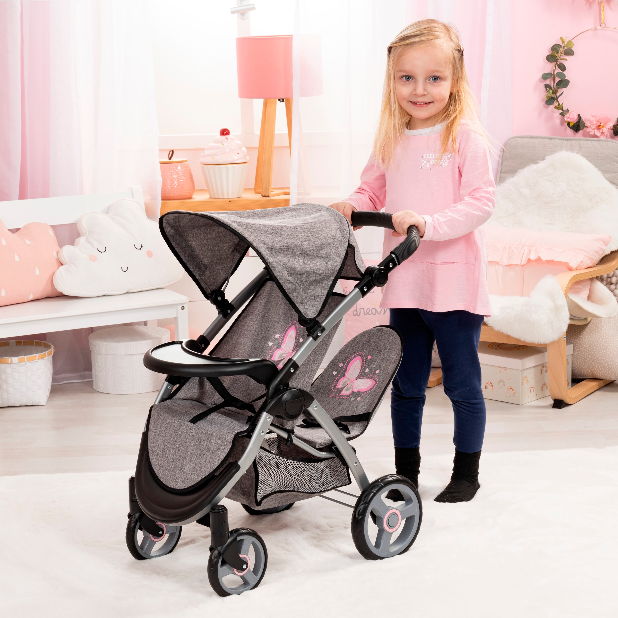 Bayer Puppen-Zwillingsbuggy »Twin Star, grau/rosa«, mit Wickeltasche