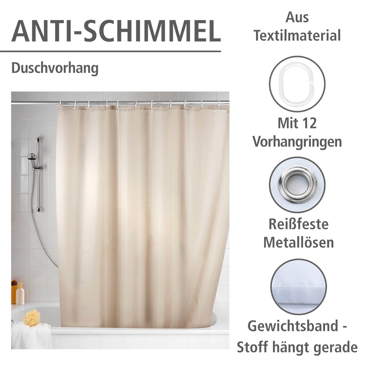 WENKO Duschvorhang »Uni Beige«, Höhe 200 cm, Polyester, waschbar