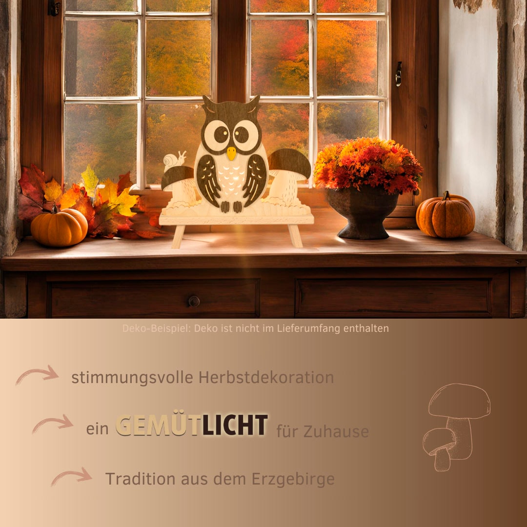 Weigla Dekolicht »Eule, Dekolampe aus Holz, NATUR-BRAUN, Made in Germany«, 1 flammig, Leuchtmittel E14 | Leuchtmittel wechselbar, Erzgebirge garantiert, Herbstdeko innen, Tischlampe
