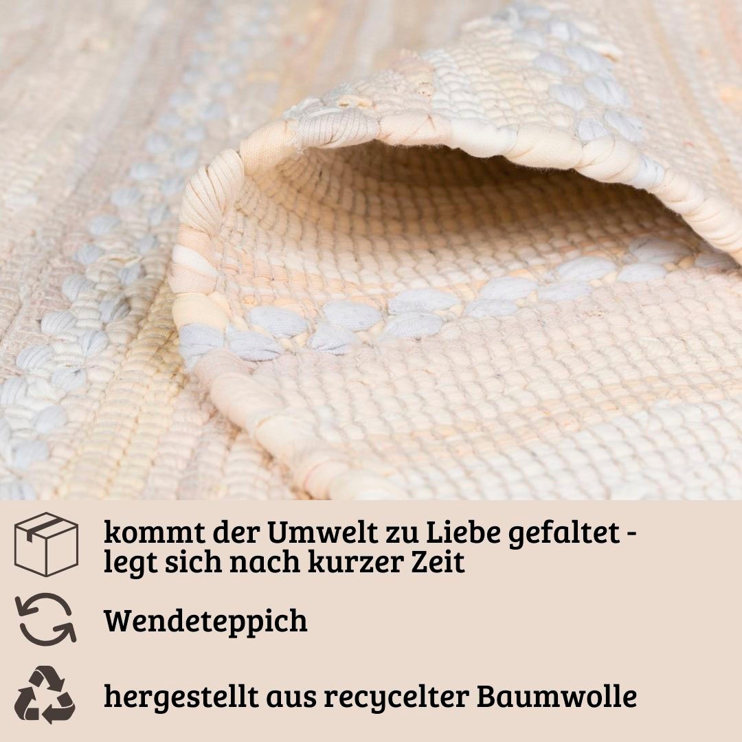 my home Teppich »Nickelberg«, rechteckig, 10 mm Höhe, 90% Baumwolle, handgewebt, mit Fransen, aus recycelten Materialien