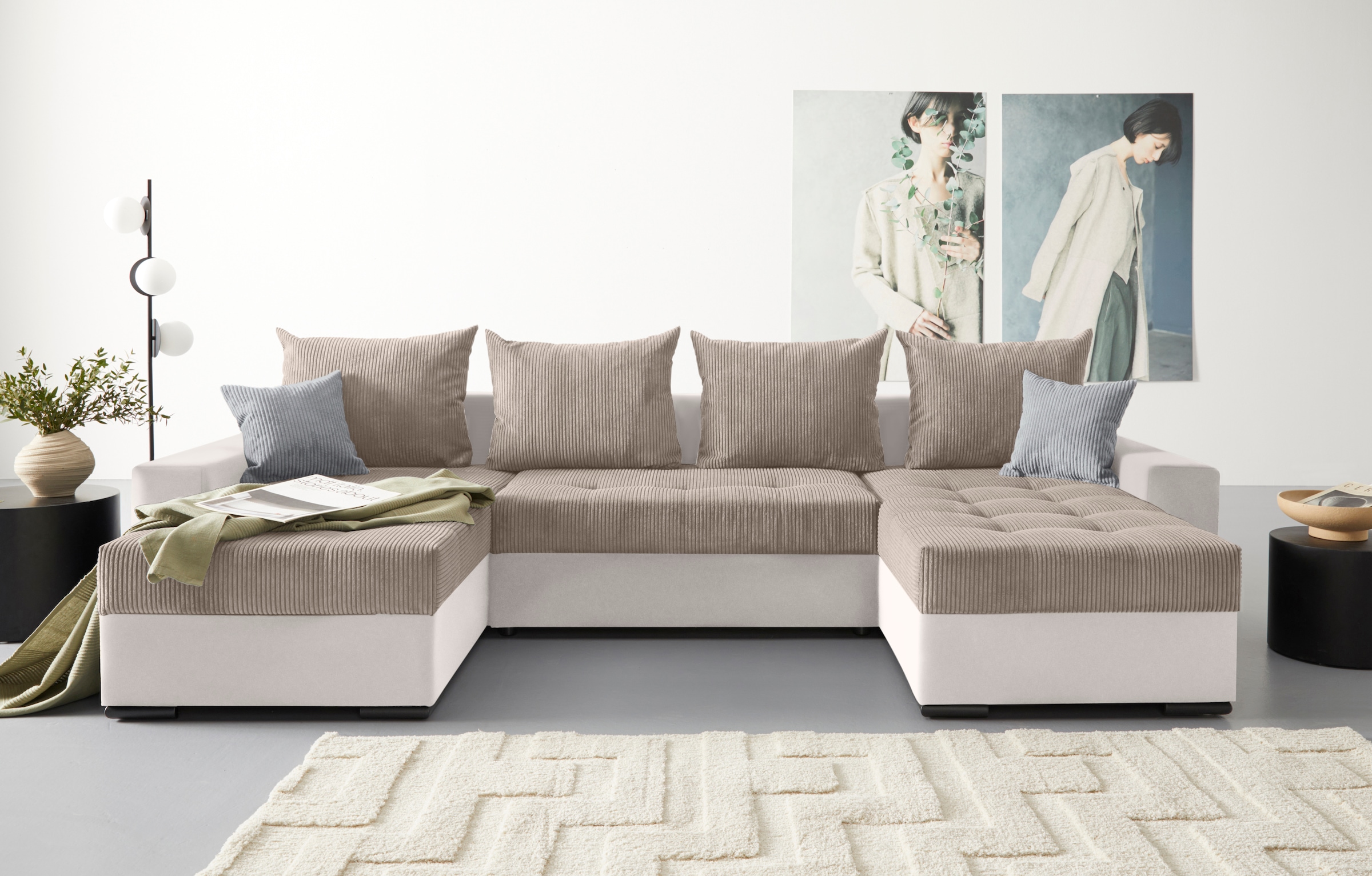 COLLECTION AB Wohnlandschaft »Josy U-Form«, mit Schlaffunktion, Bettkasten und Zierkissen, mit 2 Recamieren