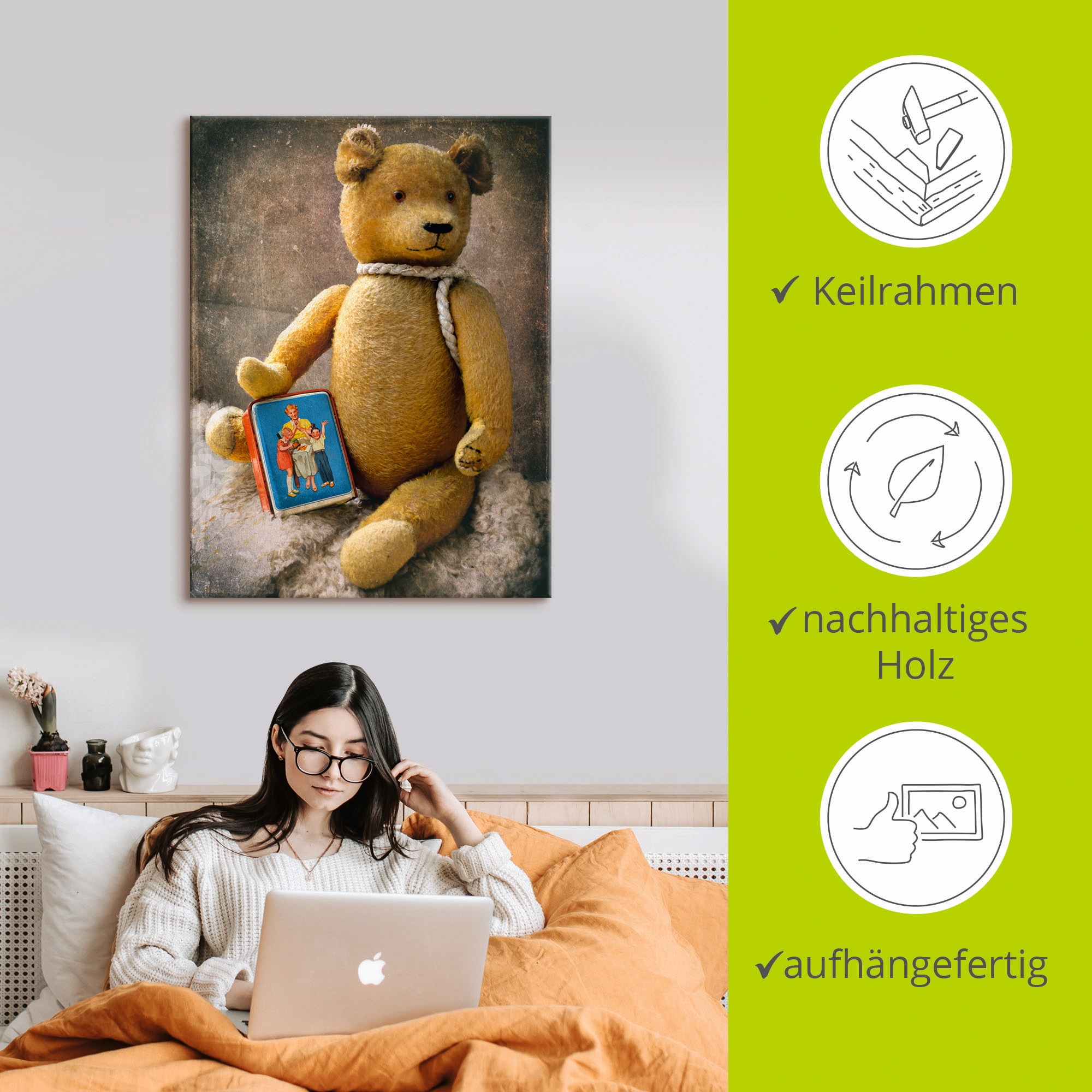 Artland Wandbild »Teddybär mit Sparbüchse«, Spielzeuge, (1 St.), als Leinwandbild, Wandaufkleber in verschied. Größen