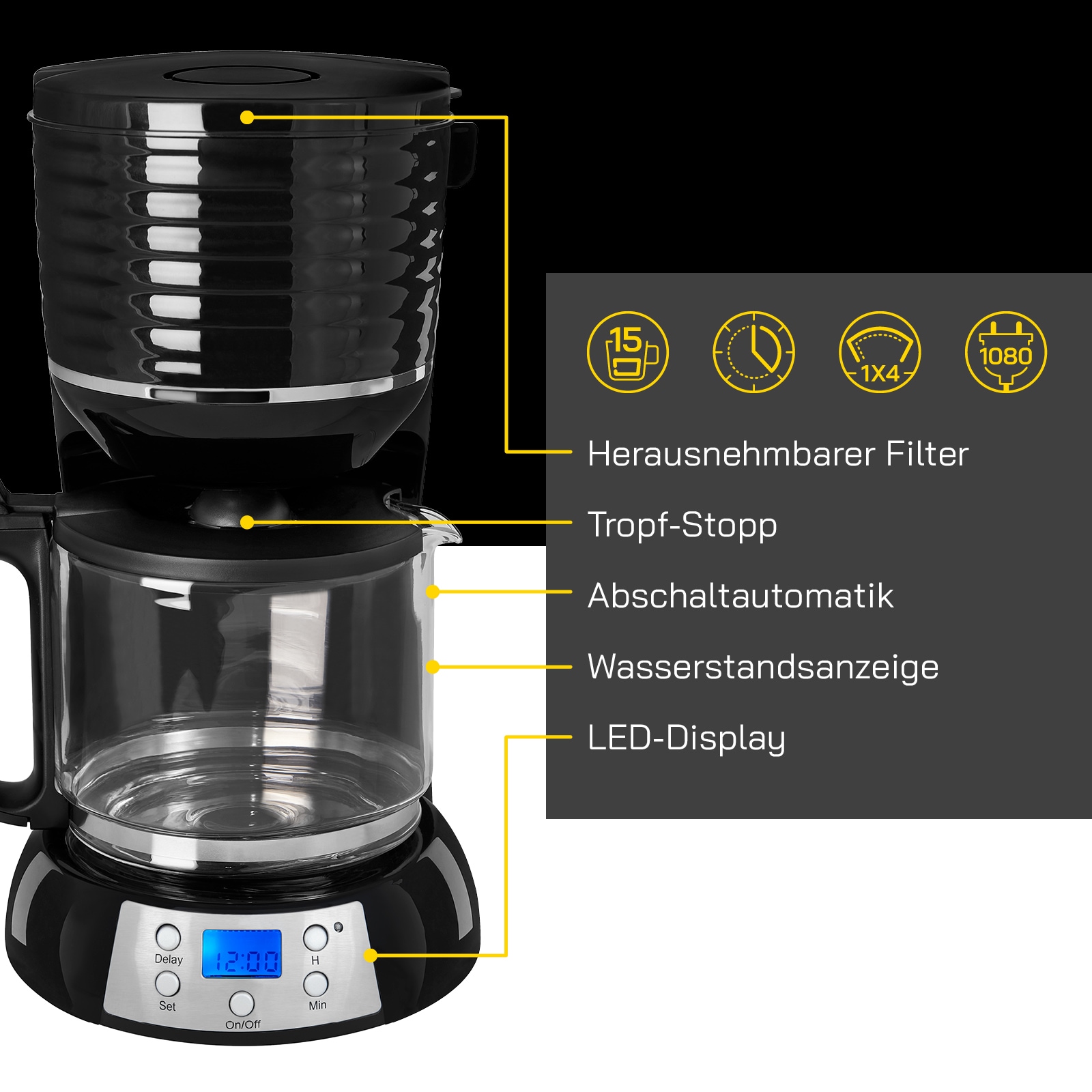 Gutfels Filterkaffeemaschine »COFFEE 3300 C«, 1,5 l Kaffeekanne, Papierfilter, 1x4, 1,50 L Glaskanne, 1080 Watt