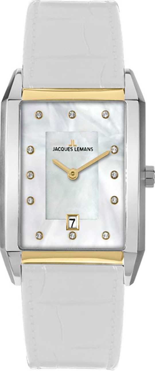 JACQUES LEMANS Quarzuhr »Torino« Armbanduhr, Damenuhr, Lederarmband, Perlmutt, Tag, Glaskristalle, bicolor weiß Elegante Armbanduhr für Damen