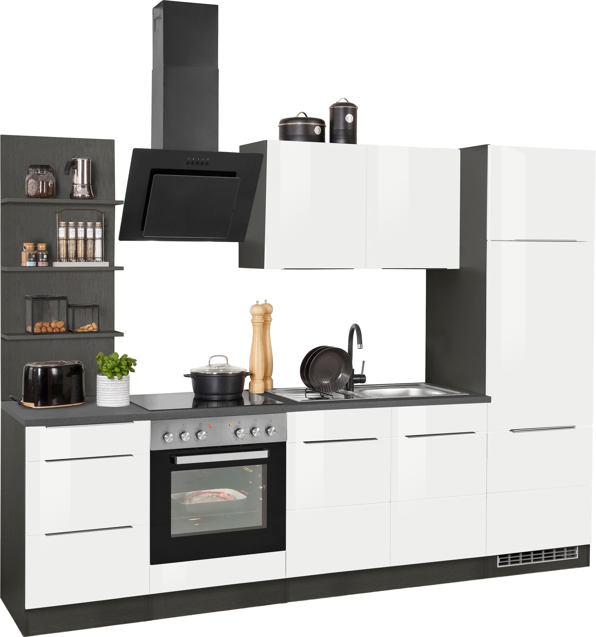 KOCHSTATION Küchenzeile »KS-Brindisi«, Breite 270 cm, wahlweise mit E-Geräten, mit MDF-Fronten und Regal
