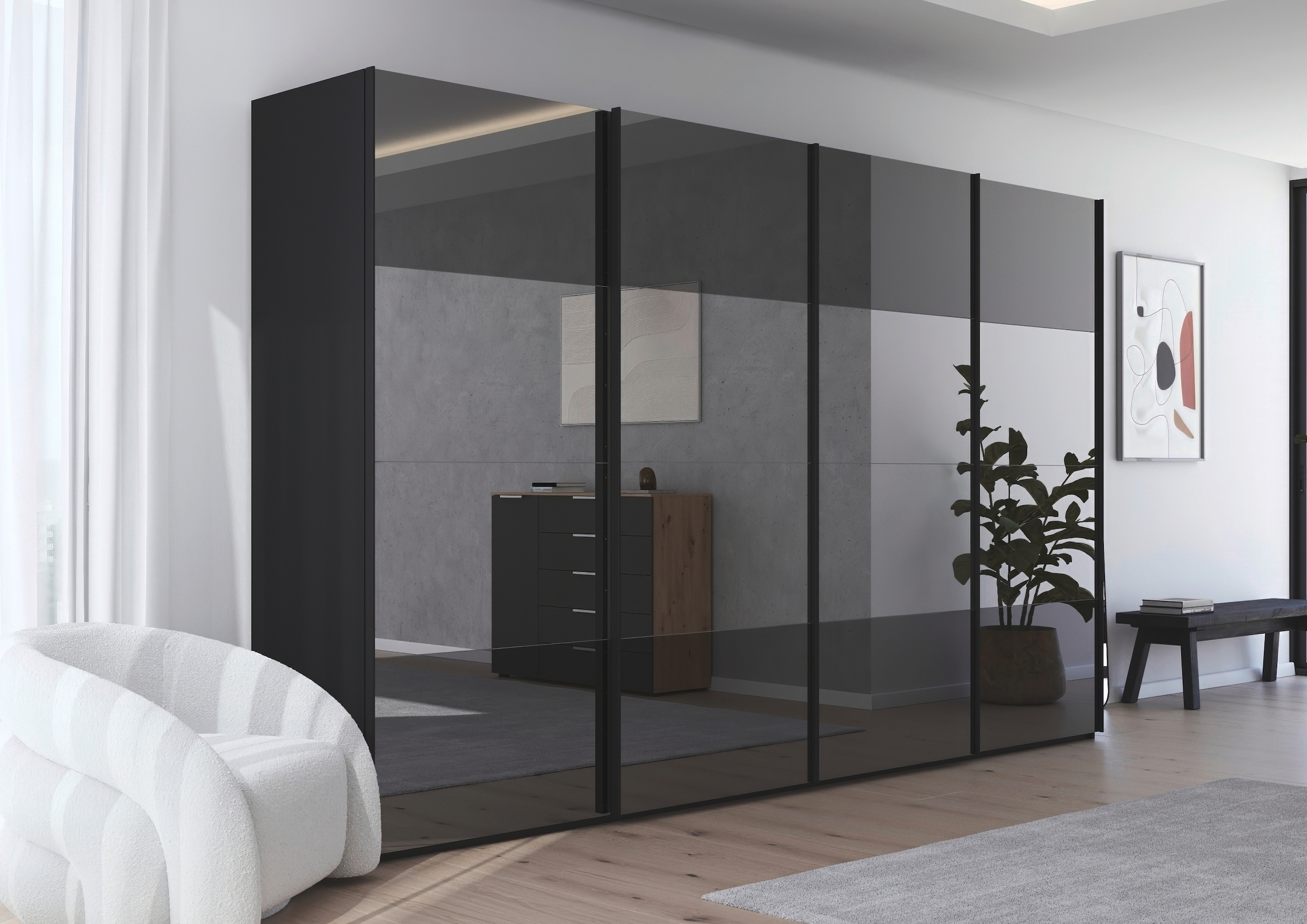 rauch Schwebetürenschrank »Kleiderschrank Schrank Garderobe Schlafzimmerschrank SCALE-FYRA«, edle Türen viergeteilt Front Spiegel-Mix viele Farben MADE IN GERMANY