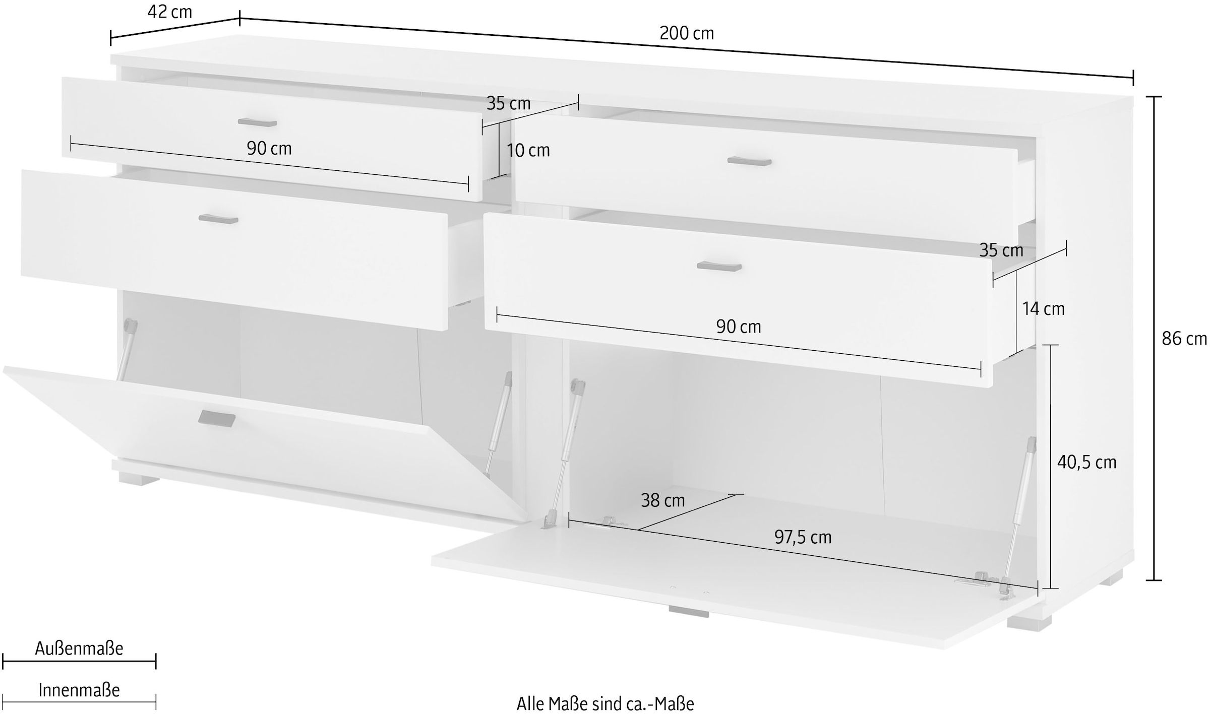 INOSIGN Sideboard »LONG ISLAND«, (1 St.), in moderner Trendfarbe,inklusive senkrechter Beleuchtung,Breite 200 cm