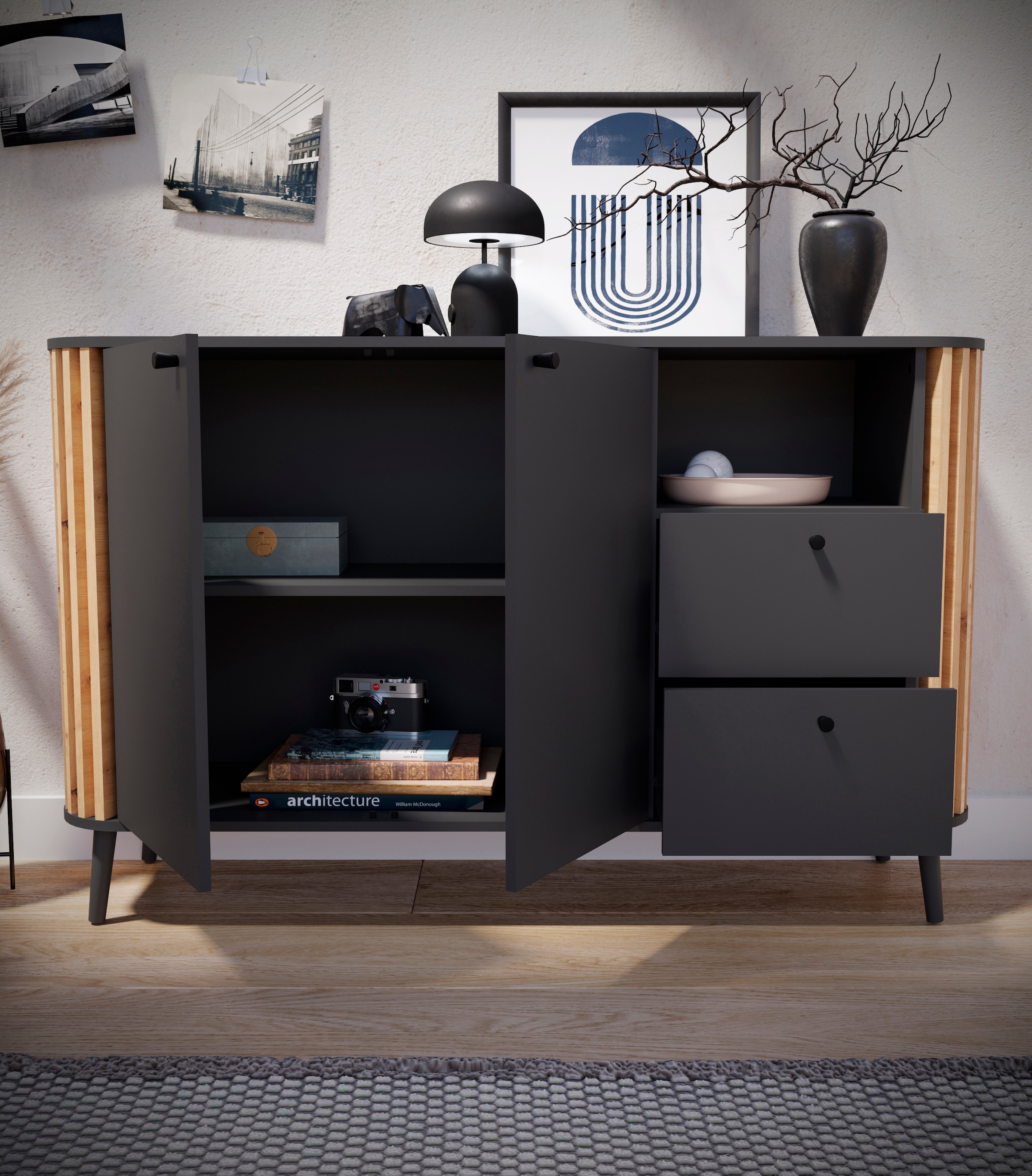 INOSIGN Sideboard »Stavanger, Breite 138cm, Paneel-Stäbchen-Optik, 2 Schubkästen, 2 Türen«, (1 St.), 1 offenes Fach, 1 Einlegeboden, Anrichte, Schrank, Kommode, Wohnmöbel