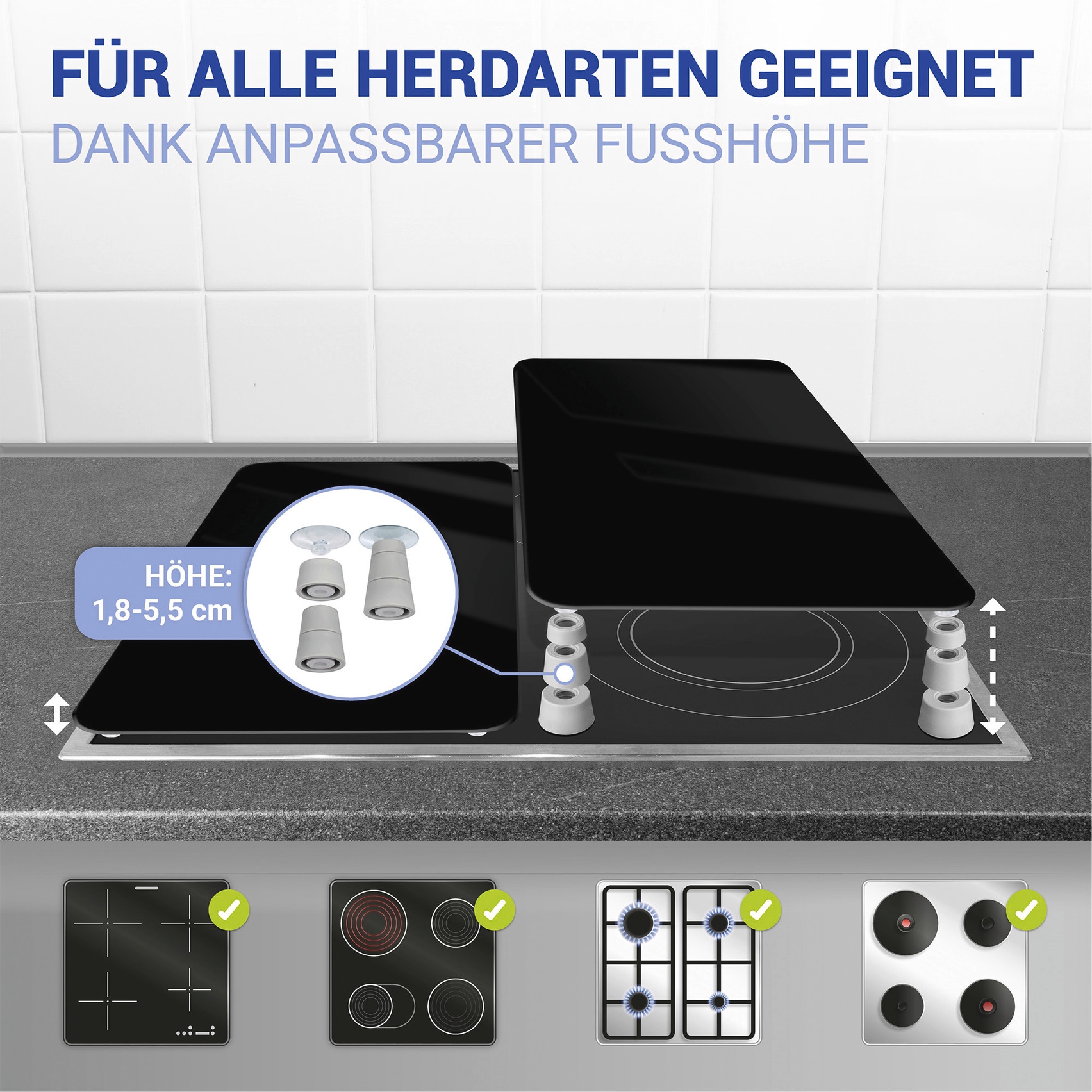 WENKO Herd-Abdeckplatte »Universal Modell Schwarz«, (Set, 2 tlg.), Herdabdeckung für alle Herdarten, kratzfest, mit rutschfesten Füßen