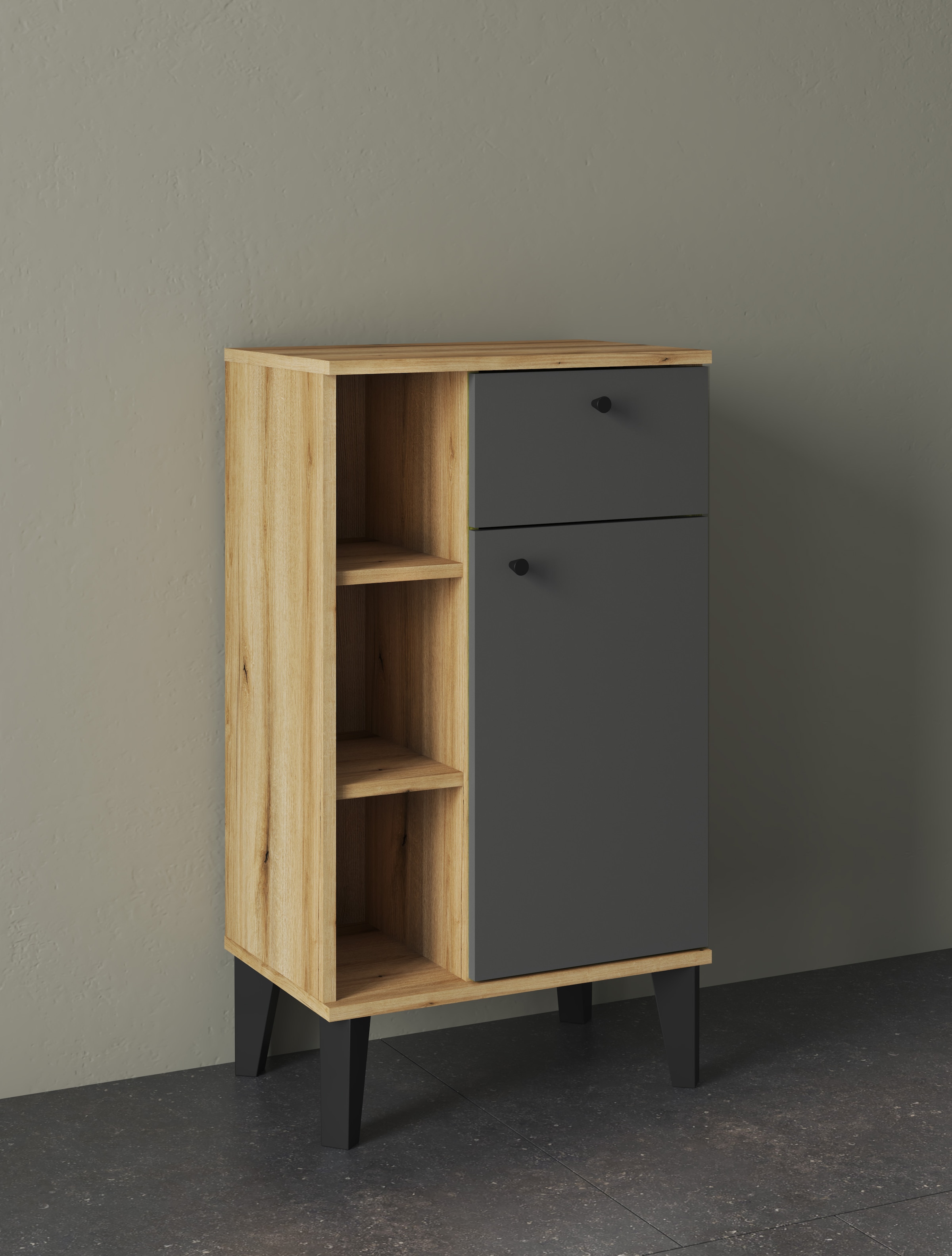 INOSIGN Midischrank »Oslo, Badschrank mit Knopfgriff, Schrank im skandinavischen Design«, in der Türfarbe Weiß oder Grau verfügbar, ausreichend Stauraum