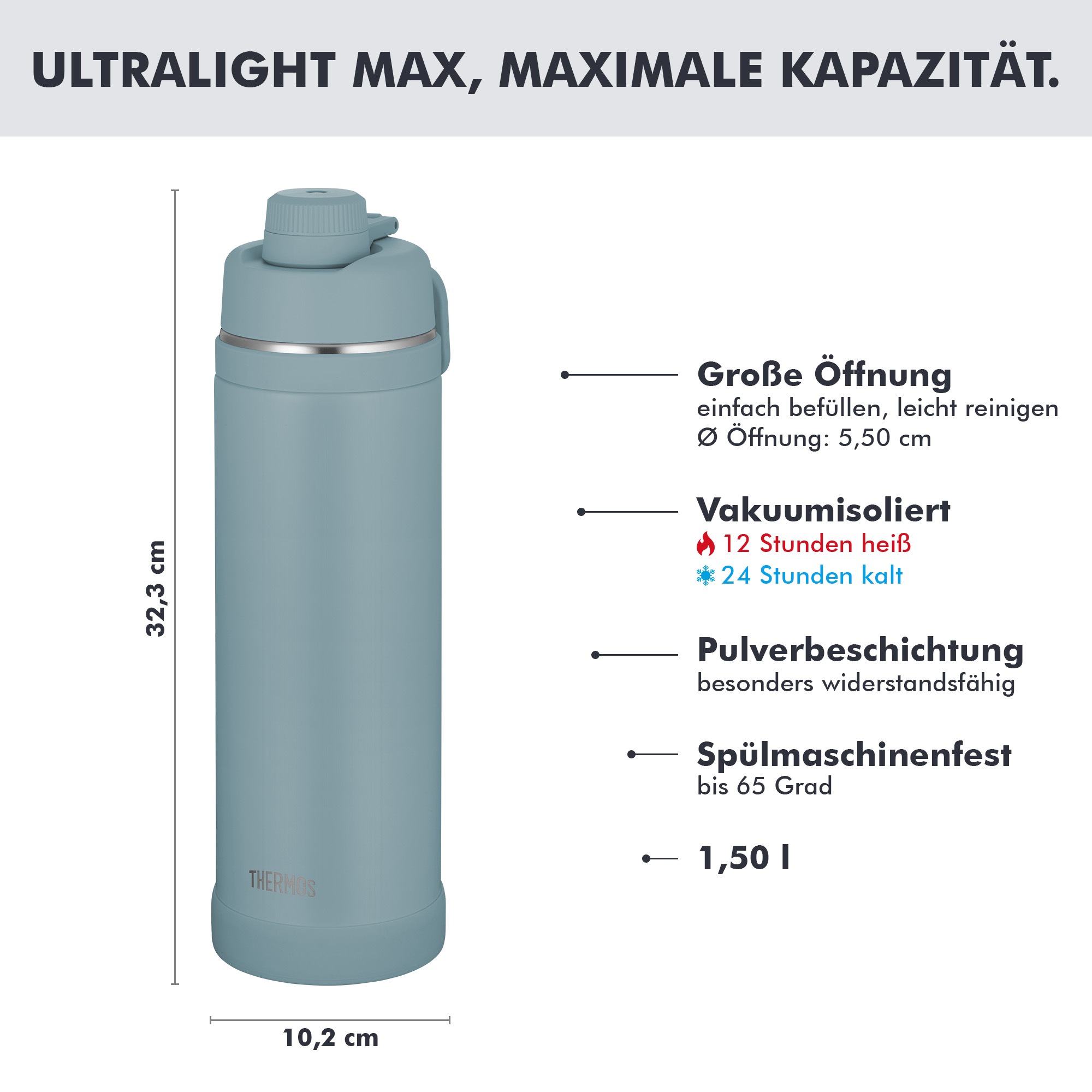 THERMOS Isolierflasche »ULTRALIGHT MAX BOTTLE, doppelwandiger Edelstahl, spülmaschinenfest« 1,50 l, 24h kalt & 12h heiß, mit Tragegriff und Trinköffnung