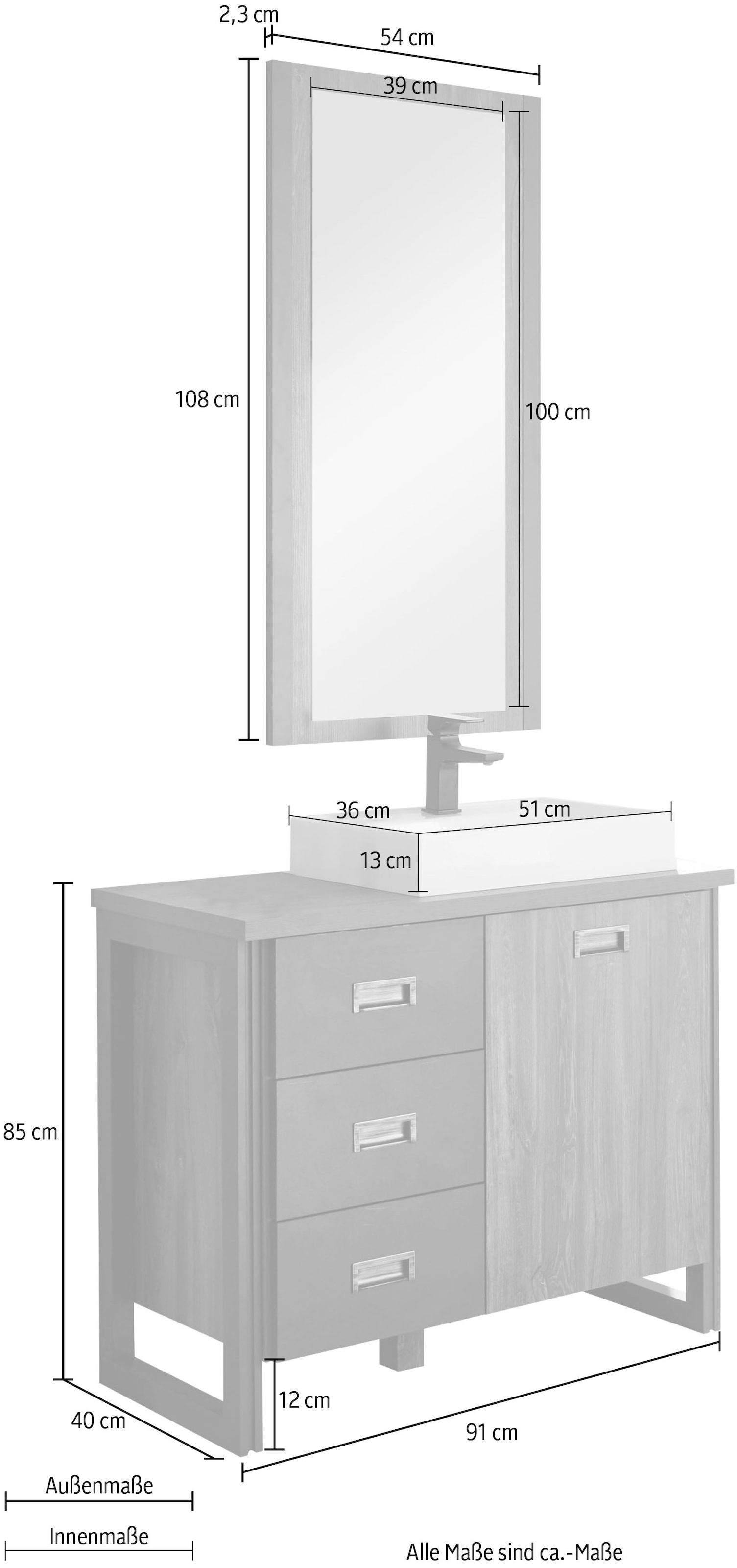 Home affaire Badmöbel-Set »Detroit, Bad im Industrialdesign, 2-teiliges Badezimmer«, (Set, 2 St.), Waschtisch und Spiegel, inkl. Aufsatzwaschbecken aus Mineralguss
