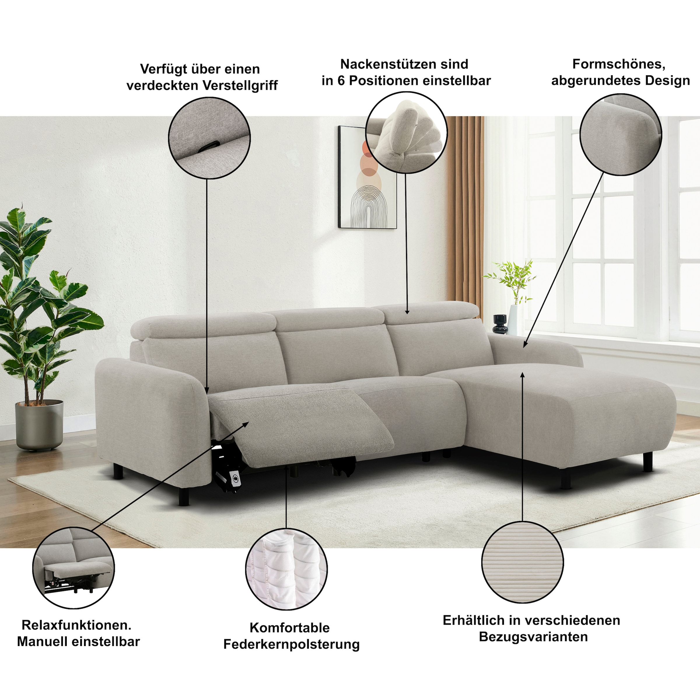Home affaire Ecksofa »SKAANE in Cord, L-Form, 274 cm, manuelle u. elektrische Relaxfunktion,« rundes Design, Kopfteilverstellung, Federkernpolsterung