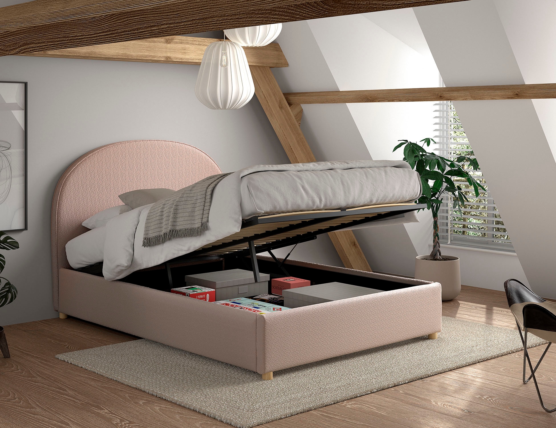 Vipack Boxbett »Moon, mit Lattenrost und Stauraum, modernes Design«, (gerundetes Kopfteil und in 2 Breiten erhältlich), inkl. Massivholz Füßen in natur, 3 Stoff Farben zur Auswahl