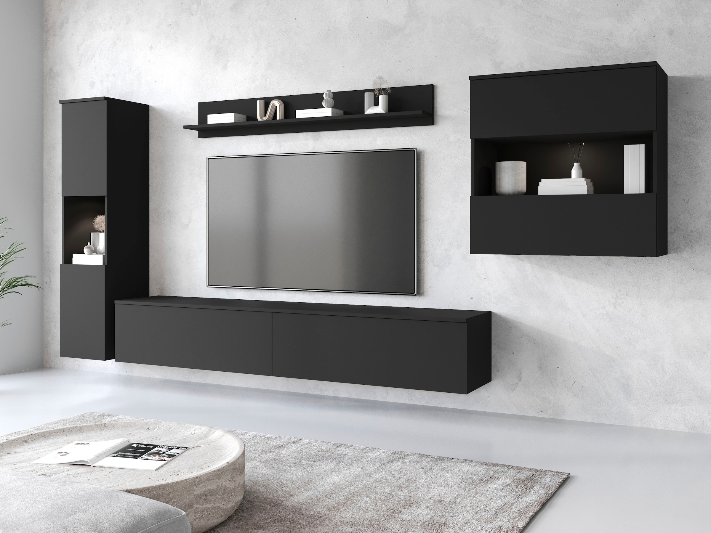 INOSIGN Wohnwand »PARIS, Vitrine Türanschlag links/rechts wechselbar«, (Komplett-Set, 4 St.), grifflose Design, stehend und hängend montierbar