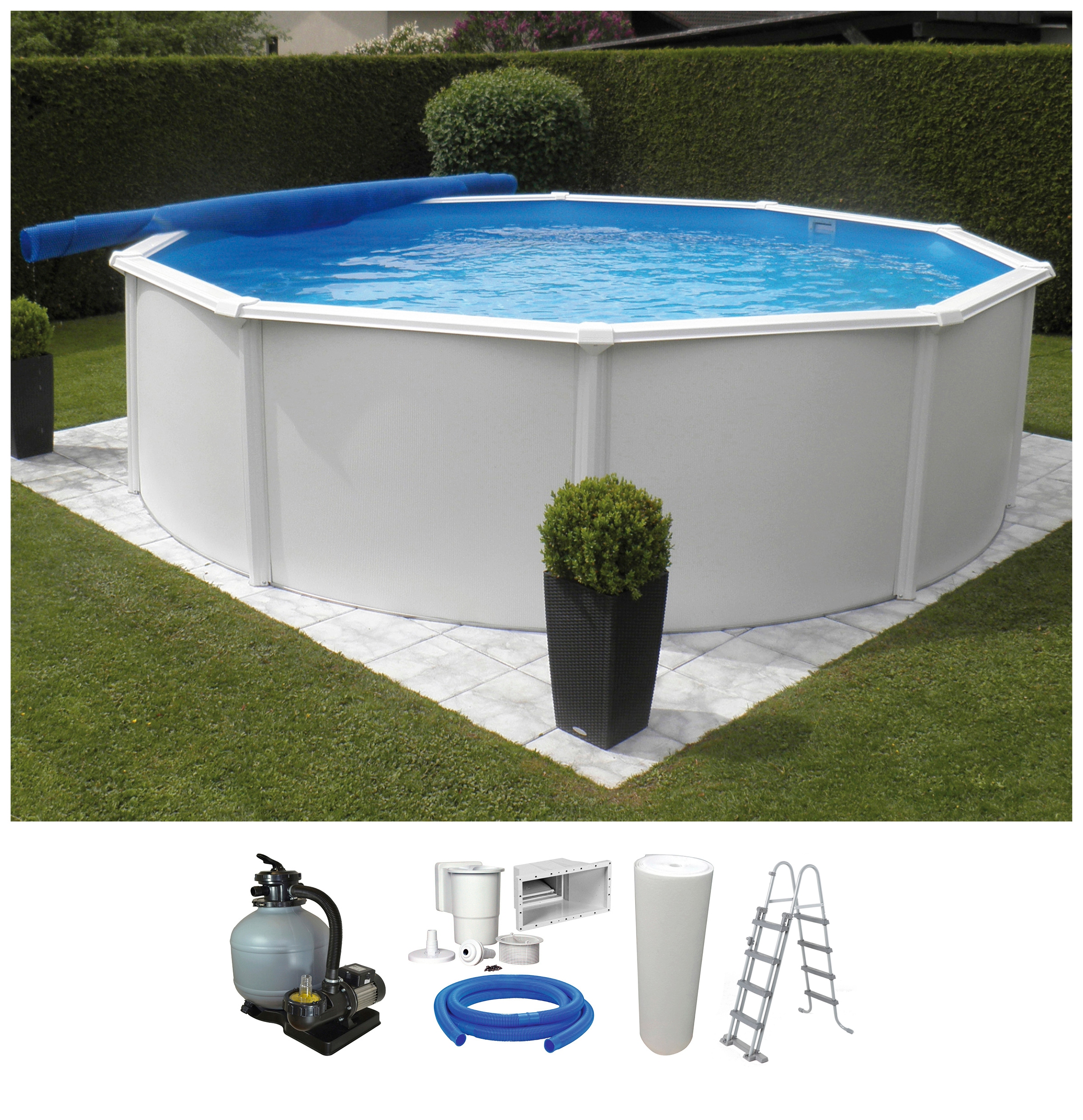 KWAD Rundpool »Supreme weiß inkl. Sicherheitsleiter und Zubehör«, (Set, 5 tlg.), 5-tlg., Höhe: 132 cm, blaue Innenfolie