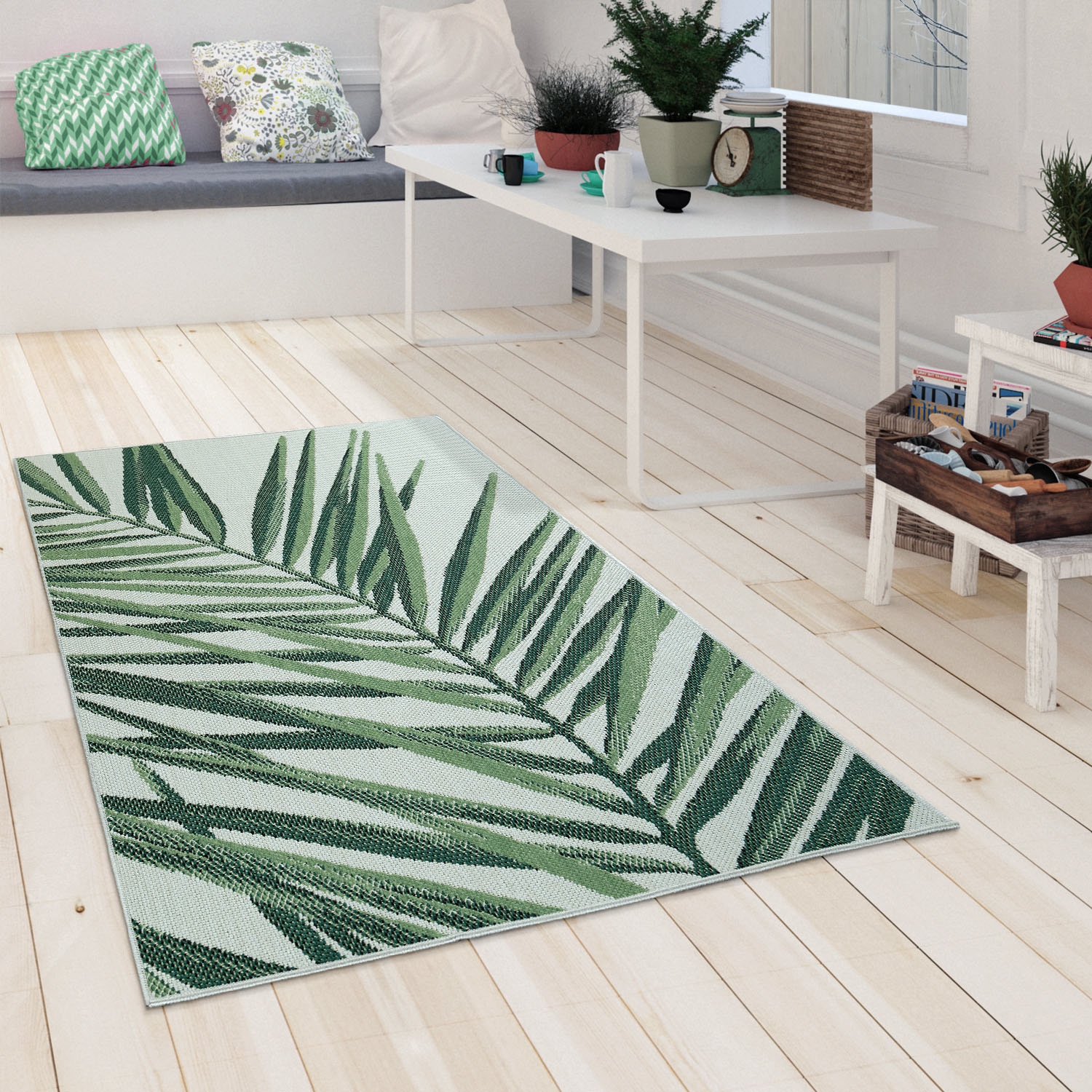 Paco Home Teppich »Ostende 537«, rund, 4 mm Höhe, Flachgewebe, Motiv Palmenblätter, In- und Outdoor geeignet, Wohnzimmer