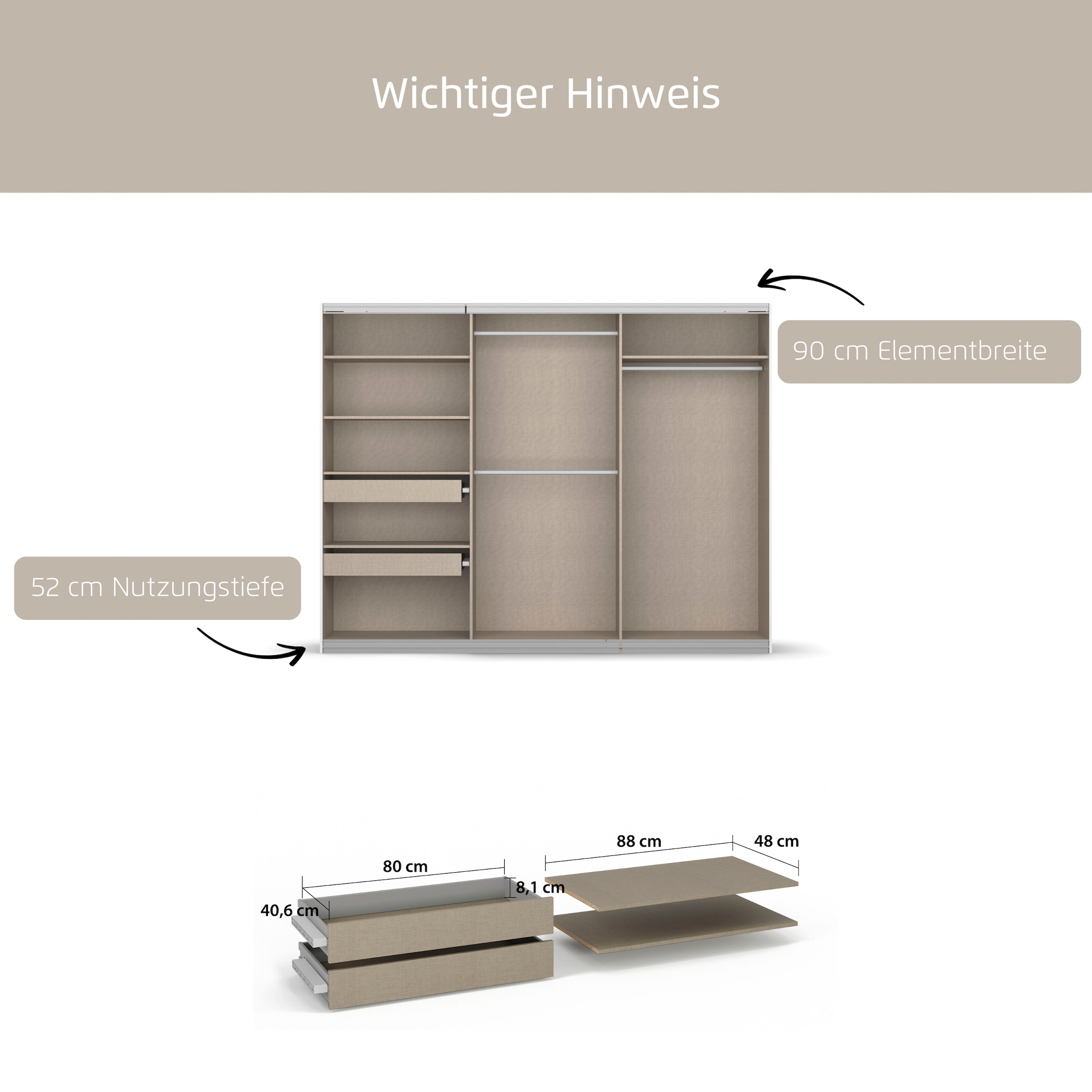 rauch Schubladeneinsatz »Schubkasten Einsatz Zubehör ORANGE/BLUE für Rauch Kleiderschränke« variabel in der Höhe montierbar,  2 Schubladeneinsätze mit 2 Fachböden 88 cm für Schwebetürenschränke