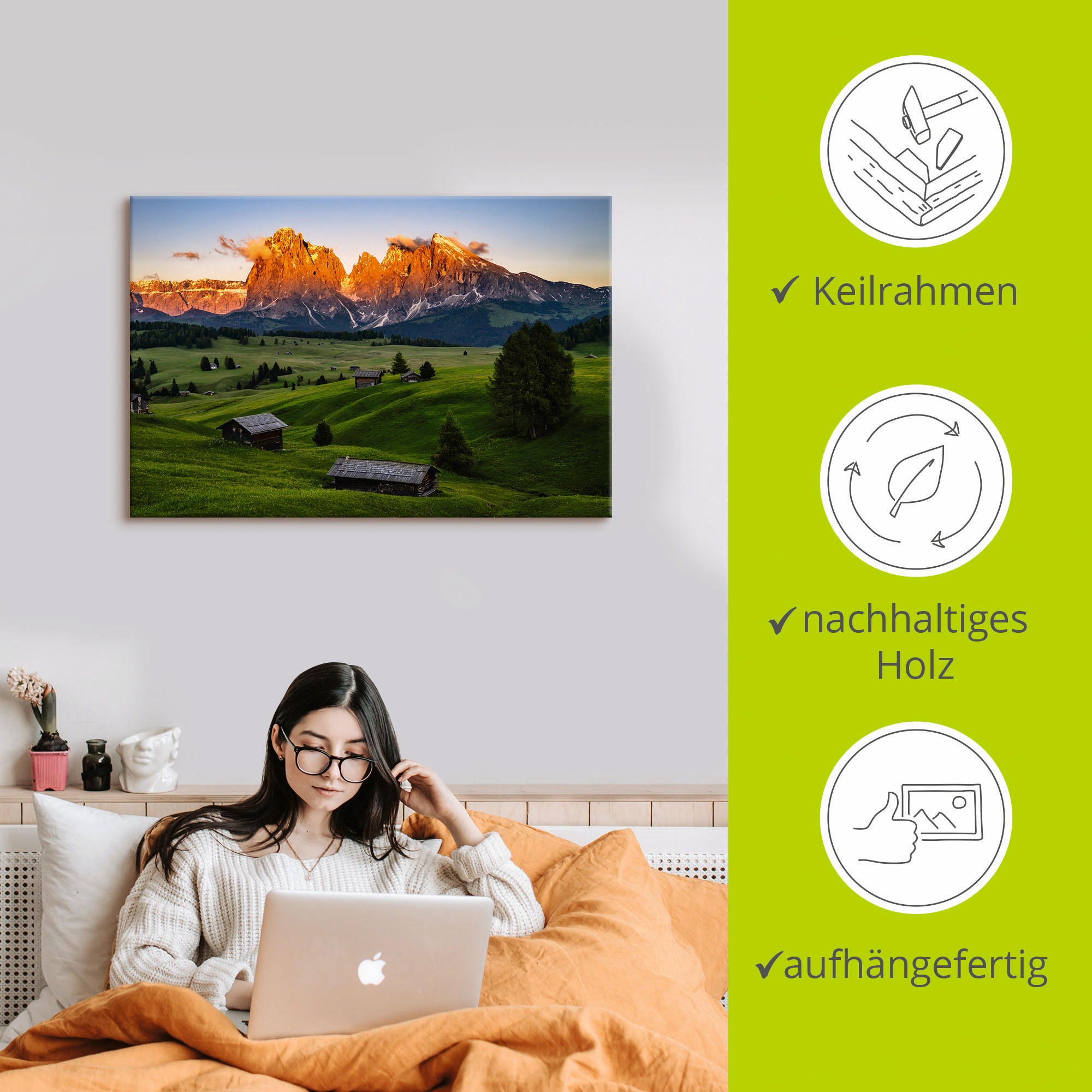 Artland Wandbild »Sonnenuntergang Seiser Alm in Südtirol«, Berge & Alpenbilder, (1 St.), als Alubild, Leinwandbild, Wandaufkleber oder Poster in versch. Größen