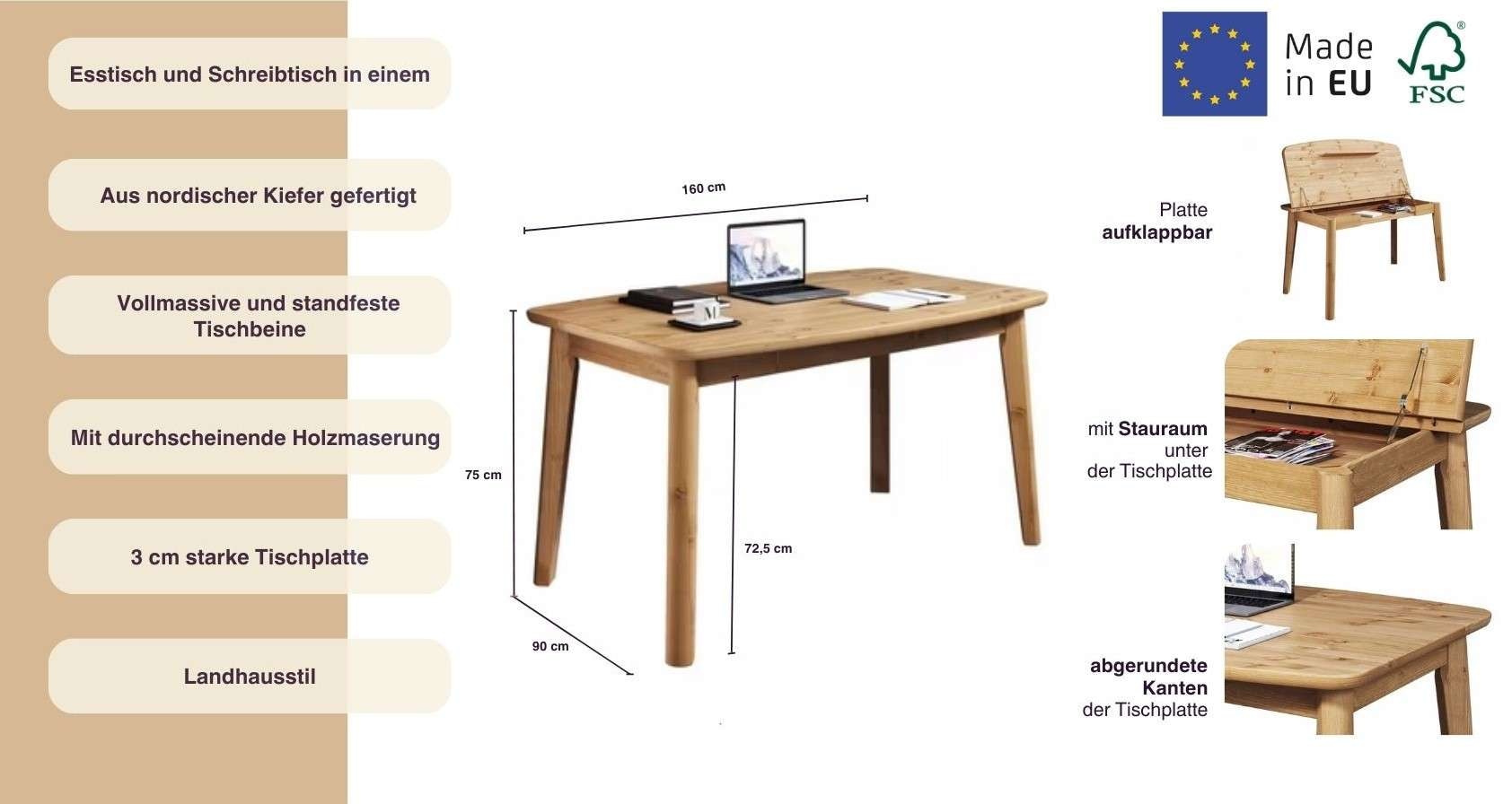 Home affaire Esstisch »Palermo, multifunktionaler Tisch, Arbeitstisch, Schreibtisch«, mit Stauraum, Platte aufklappbar, Home Office Schreibtisch, Massivholz