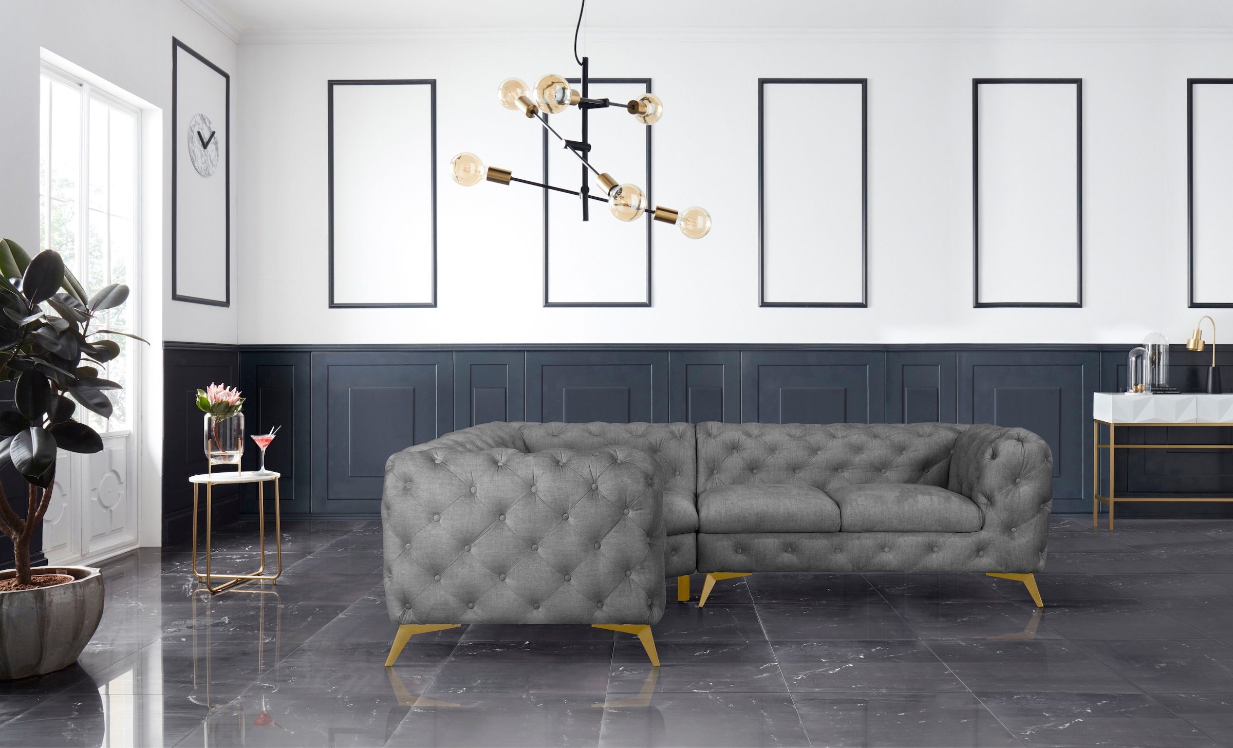 Leonique Chesterfield-Sofa »Ecksofa GLYNIS L-Form mit Wellenunterfederung, günstig online kaufen