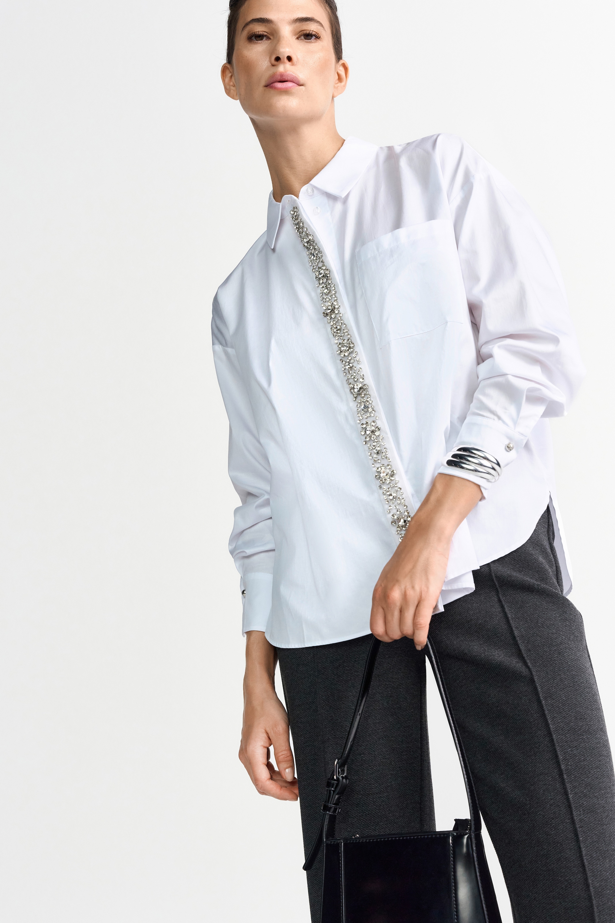 RICHROYAL Langarmbluse mit Strassknopfleiste, oversized