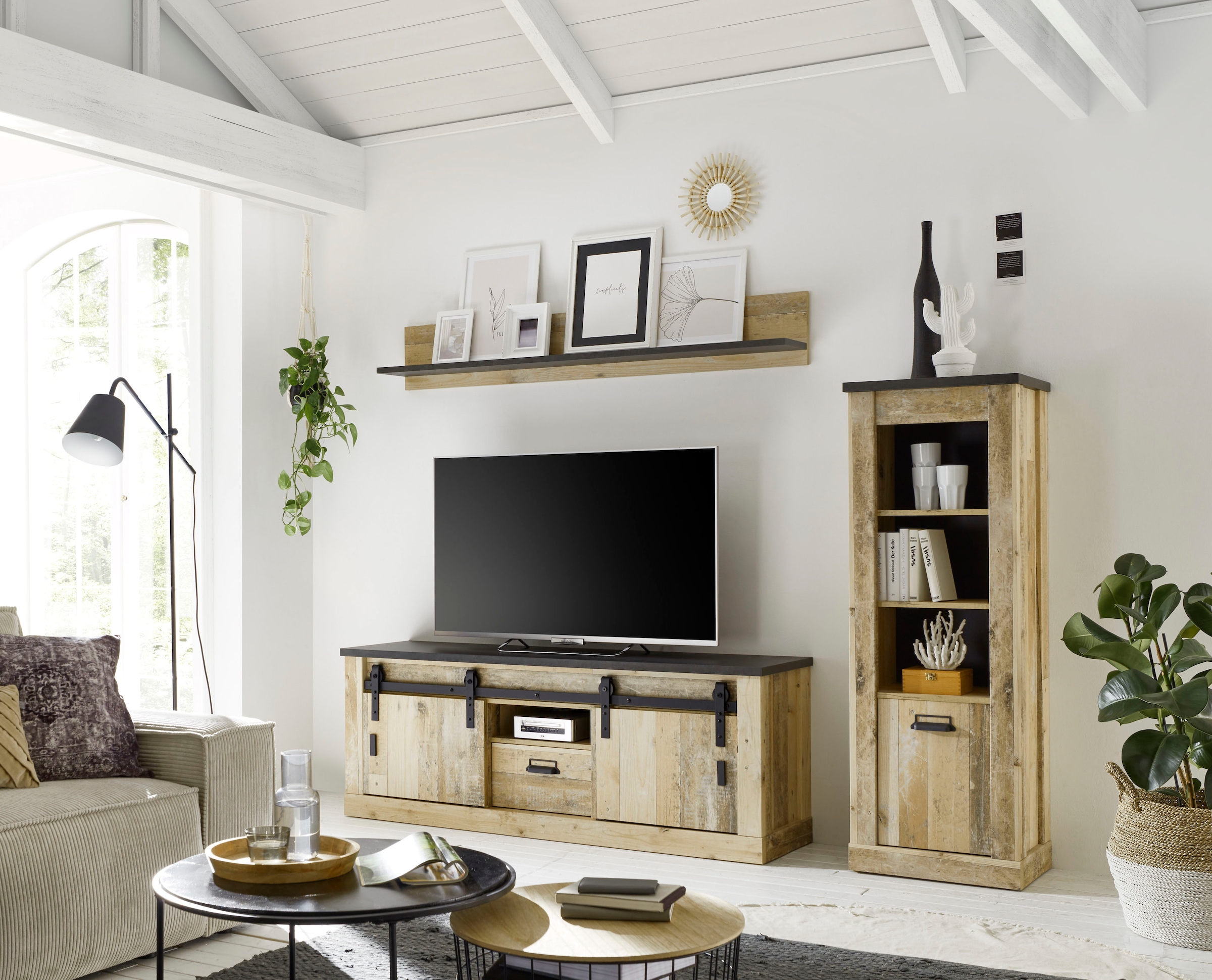 Home affaire Wäscheschrank »SHERWOOD Hochkommode Kommode Schrank«, in modernem Holz Dekor, mit Apothekergriffen aus Metall, Höhe 146 cm